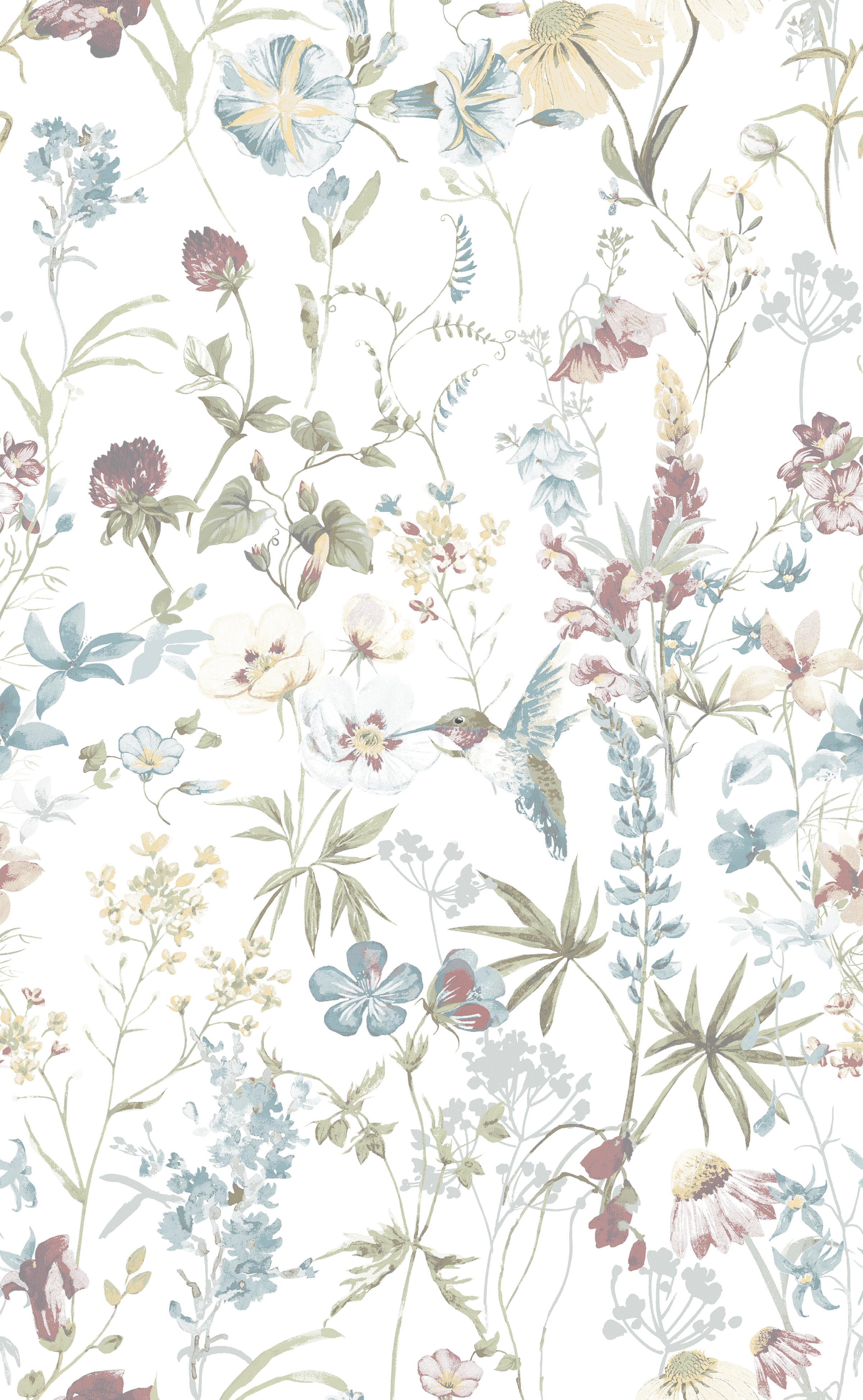 A detailed view of the Soft Feathered Blooms Wallpaper showcasing its intricate design of various flowers, ferns, and leaves intertwined with graceful birds in flight. The subtle colors and natural motifs create a peaceful and inviting atmosphere.