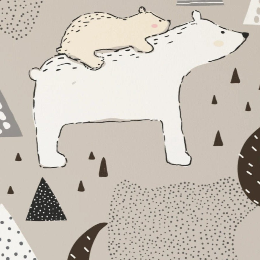 This image features a close-up of the "Polar Bear Cubs Wallpaper - 25 inches." It displays an adorable design of polar bear cubs in various playful poses on a muted beige background. The cubs are interspersed with simple geometric shapes like triangles and moons, creating a serene, Nordic-inspired theme.