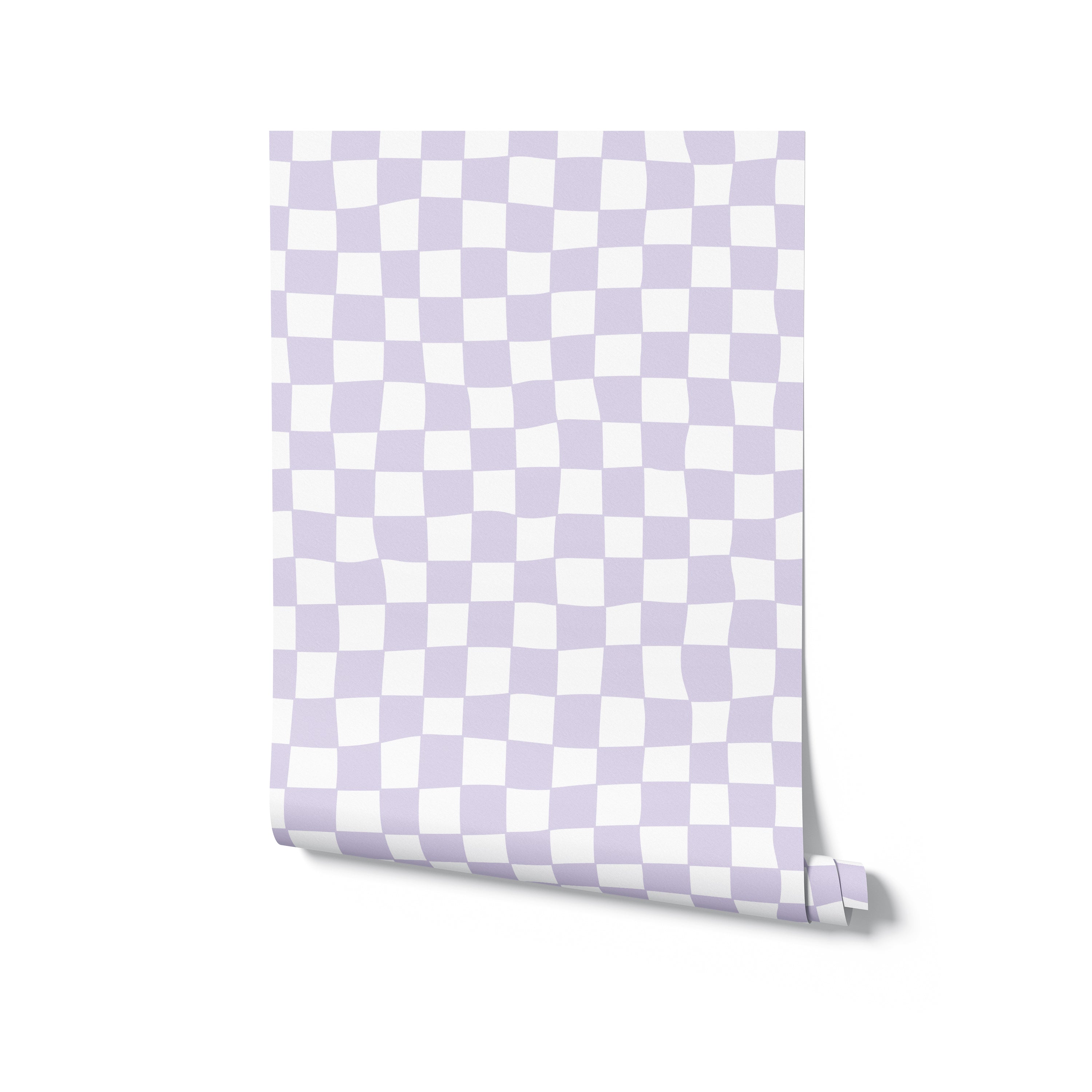 A roll of Funky Checkered Wallpaper poised against a plain background, highlighting the contemporary lavender and white checkered design that's ready to add a touch of playful sophistication to any room