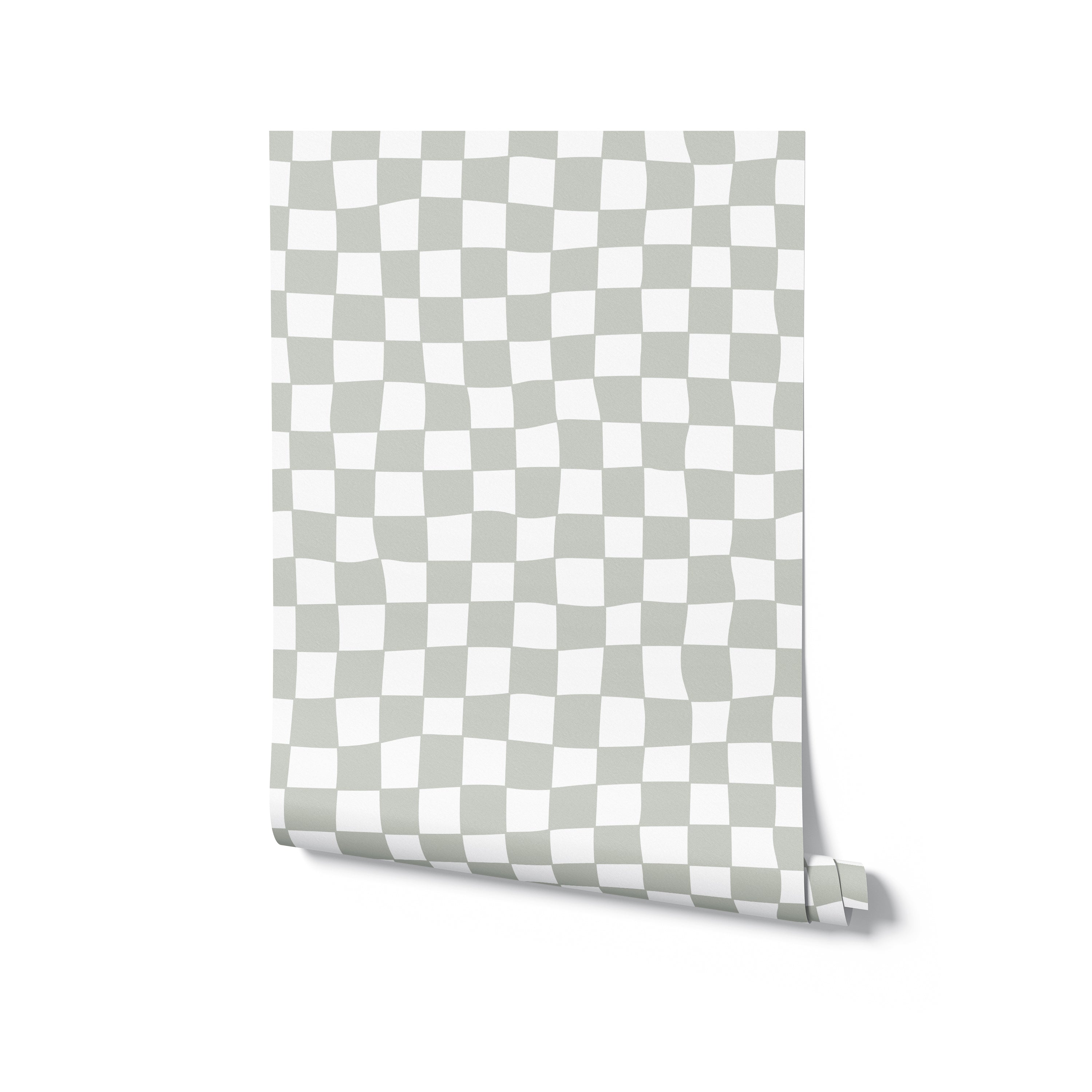 A roll of Funky Checkered Wallpaper poised against a plain background, highlighting the contemporary olive and white checkered design that's ready to add a touch of playful sophistication to any room