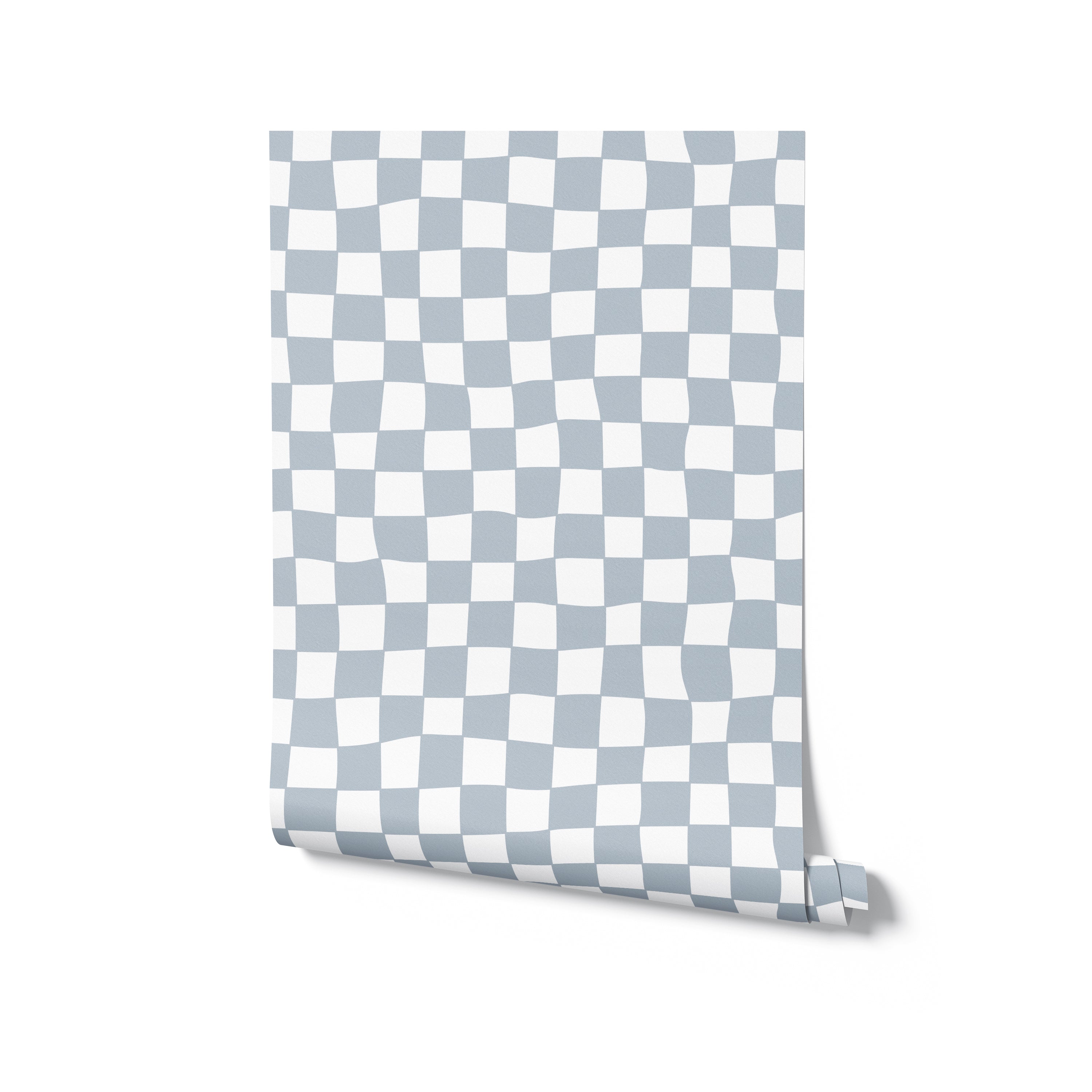 A roll of Funky Checkered Wallpaper poised against a plain background, highlighting the contemporary pale blue and white checkered design that's ready to add a touch of playful sophistication to any room