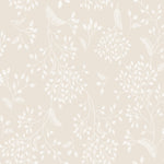 Close-up view of the Botanical Whisper Wallpaper, highlighting its intricate design of white botanical motifs on a beige background. The detailed artwork includes various forms of flora, with leaves and buds intertwined in a delicate, flowing arrangement, ideal for adding a touch of sophistication to any space
