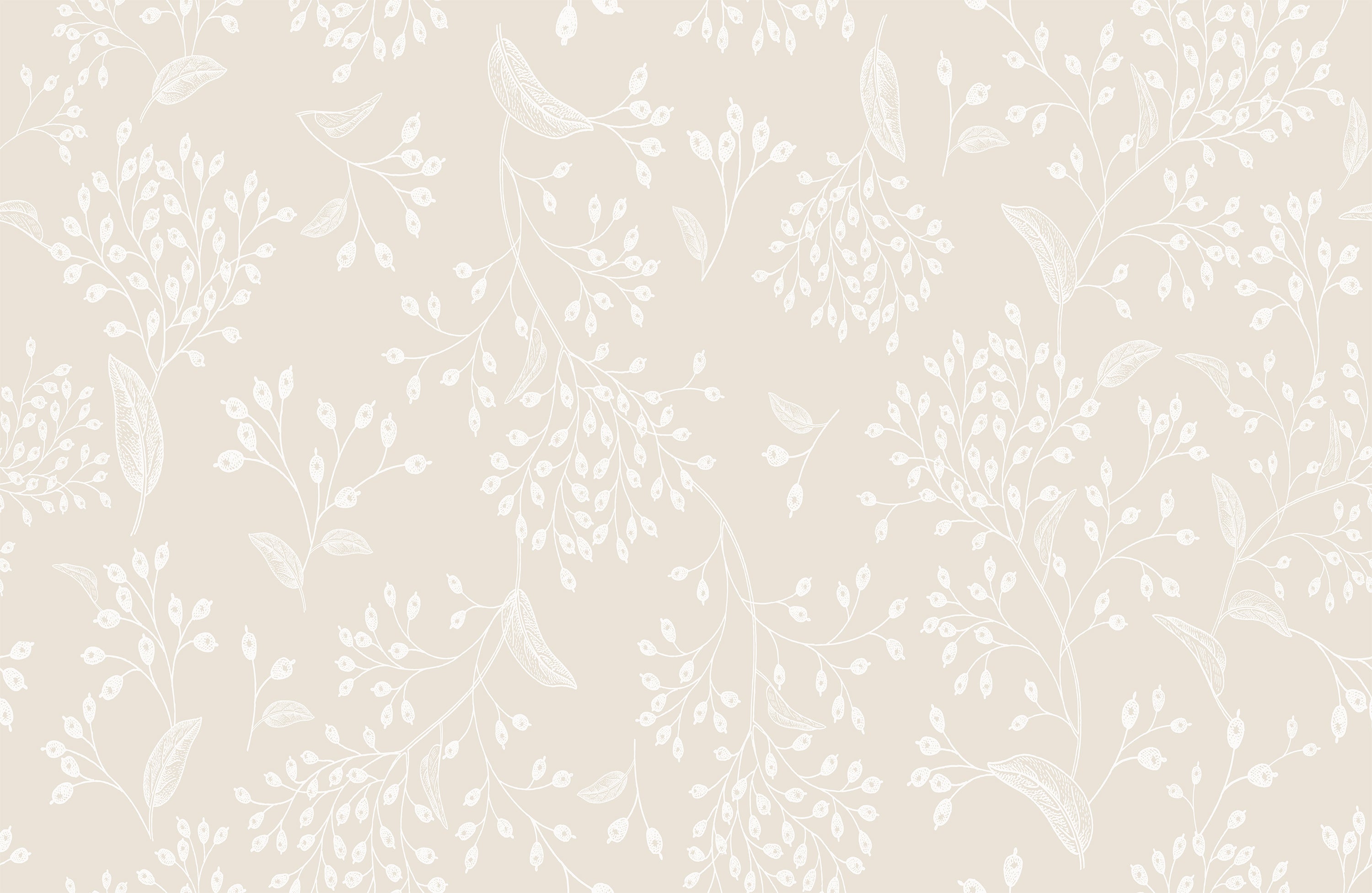 Close-up view of the Botanical Whisper Wallpaper, highlighting its intricate design of white botanical motifs on a beige background. The detailed artwork includes various forms of flora, with leaves and buds intertwined in a delicate, flowing arrangement, ideal for adding a touch of sophistication to any space