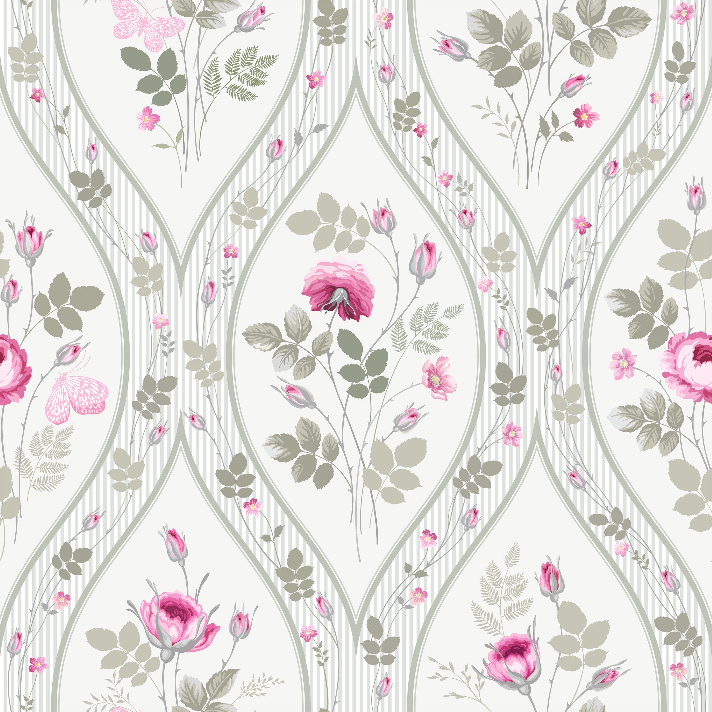 A delicate and elegant wallpaper design featuring intertwining branches and leaves with pink and white roses, set against a soft gray background. This sophisticated pattern has a graceful, vintage charm ideal for creating a serene and inviting atmosphere in any room.