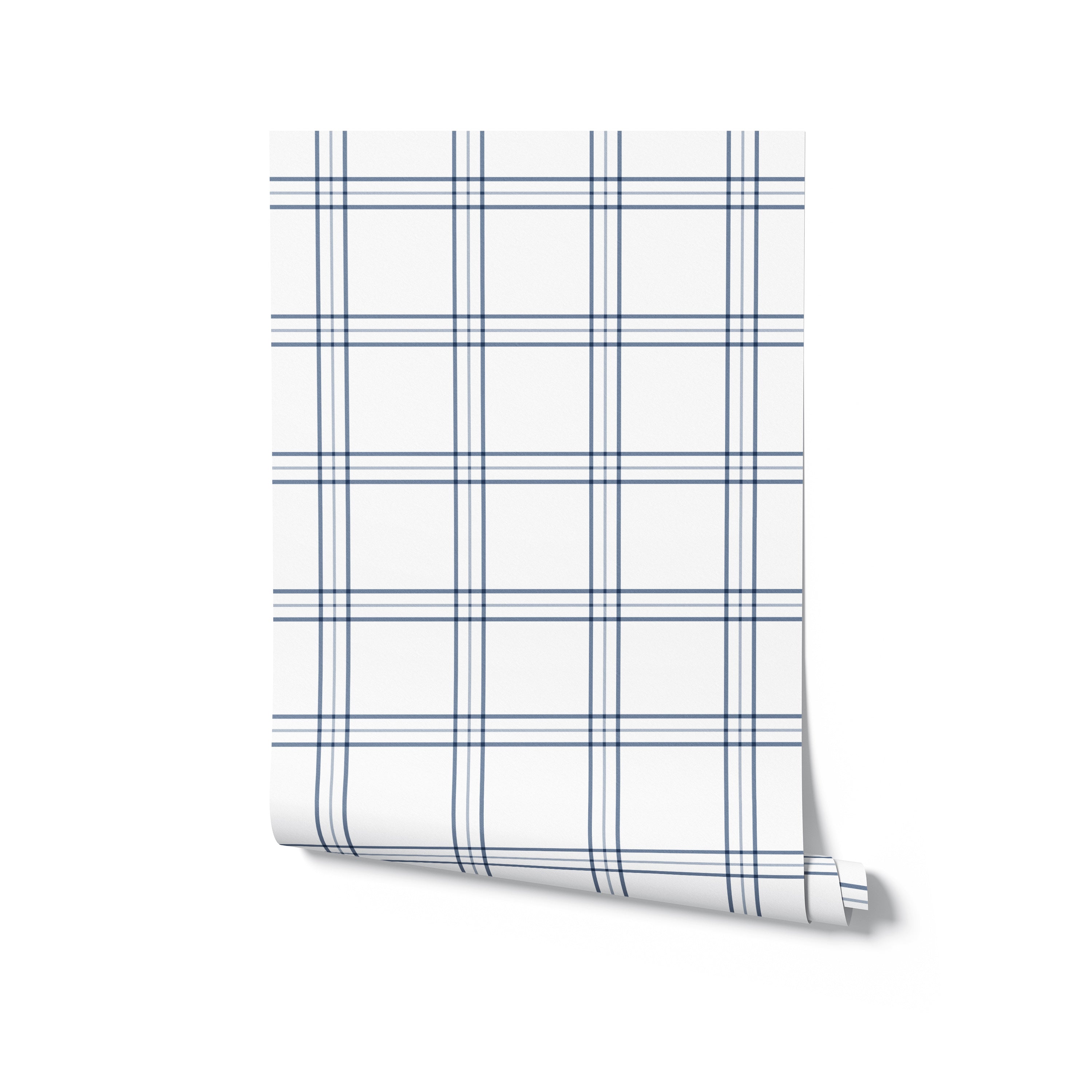 A rolled sample of Traditional Tartan Plaid Wallpaper highlighting the fabric-like texture and timeless pattern of Navy blue stripes, suggesting a design that could bring a sense of heritage and comfort to interiors ranging from the modern to the classic.
