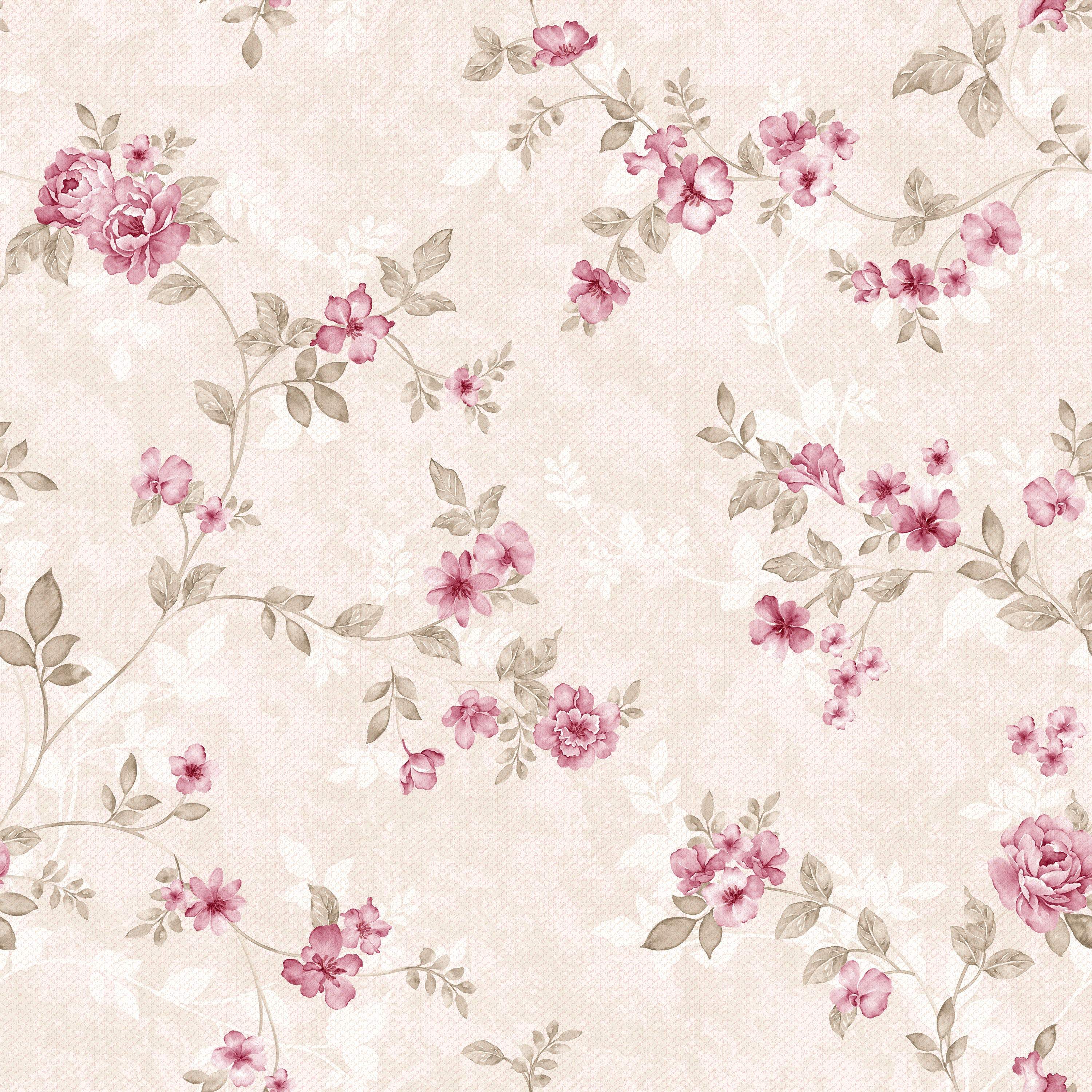 Close-up view of the Catrice Floral Wallpaper, illustrating its intricate pattern of blush pink flowers and dusky rose blooms connected by gentle green leaves, all set against a textured beige backdrop. This elegant design adds a soft, romantic touch to any interior space.