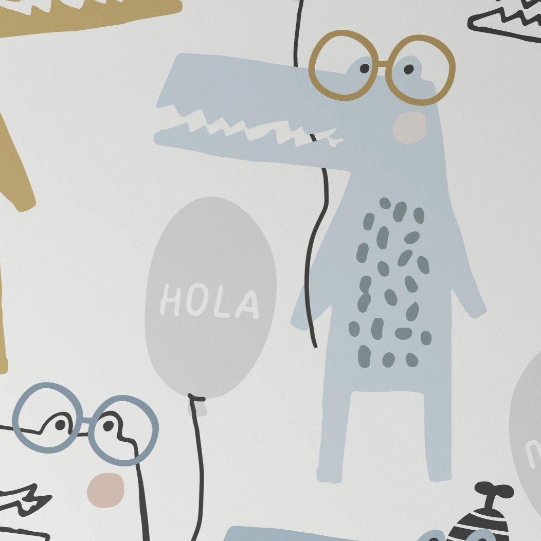 This image showcases a whimsical wallpaper design titled "Party Crocs Wallpaper - 25 inches." It features stylized crocodiles in various poses and colors, with accessories like glasses and bow ties. Each crocodile holds a speech bubble with greetings in different languages, including "Hola," "Привіт," and "Hello," set against a light background.