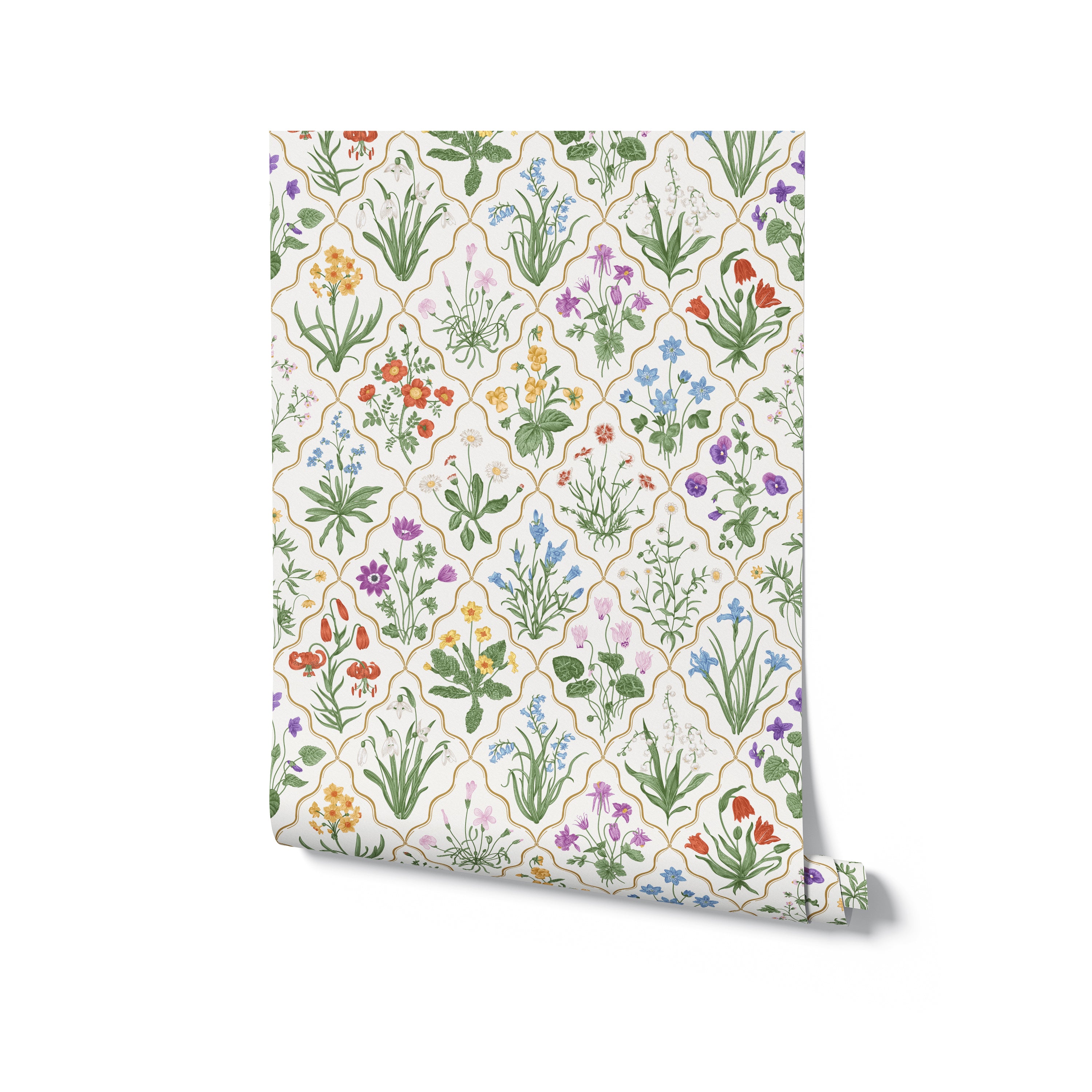 Rolled-up view of a floral wallpaper with a complex garden-inspired design, highlighting various flowers and plants such as roses, violets, and snowdrops, intricately detailed and colored to reflect natural beauty, rolled up to show potential for home decoration.