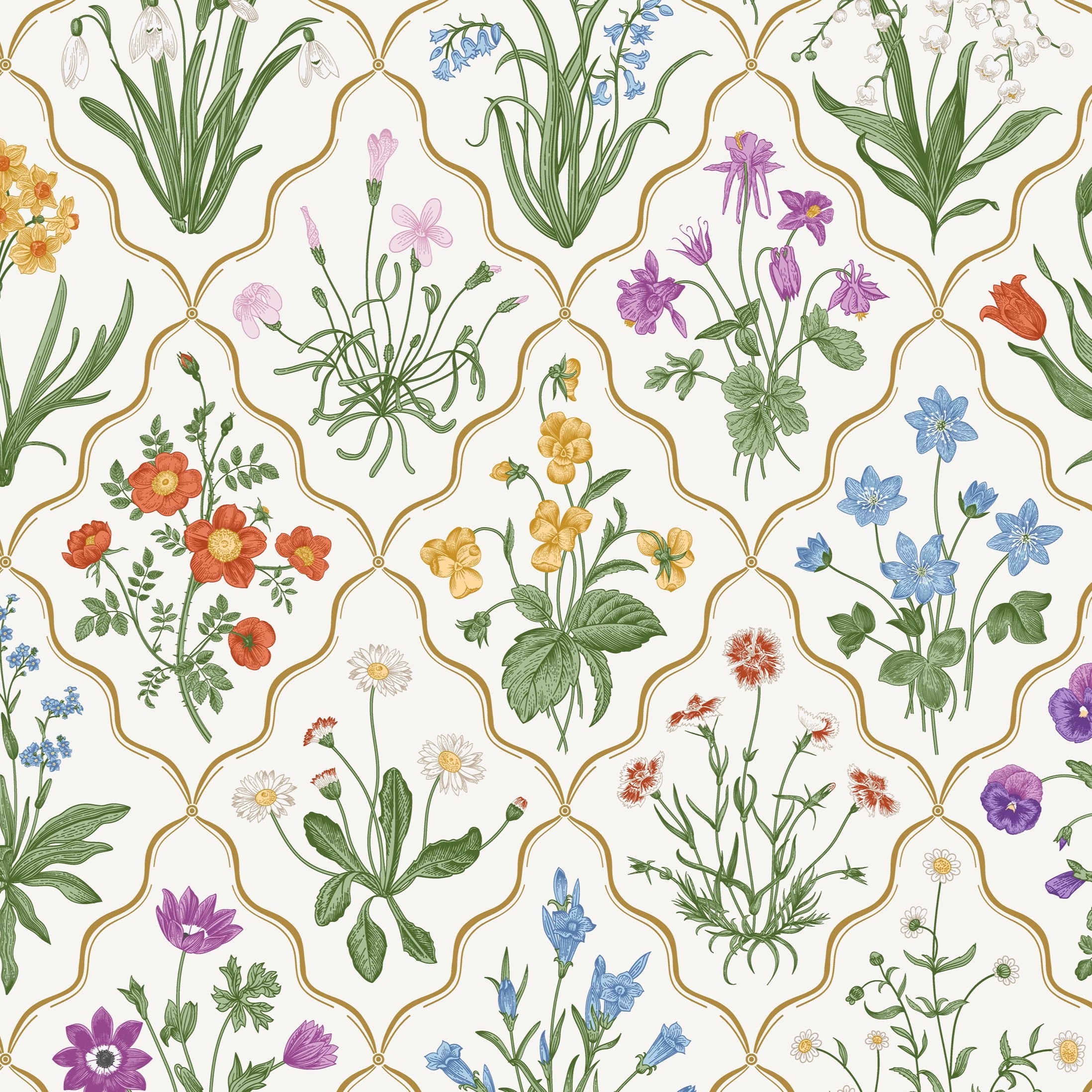 Close-up view of a wallpaper pattern displaying an intricate design of garden flowers arranged in a seamless, repeating pattern. Each segment of the pattern features unique flowers like red poppies, yellow daffodils, and purple irises, all interconnected by delicate green foliage.