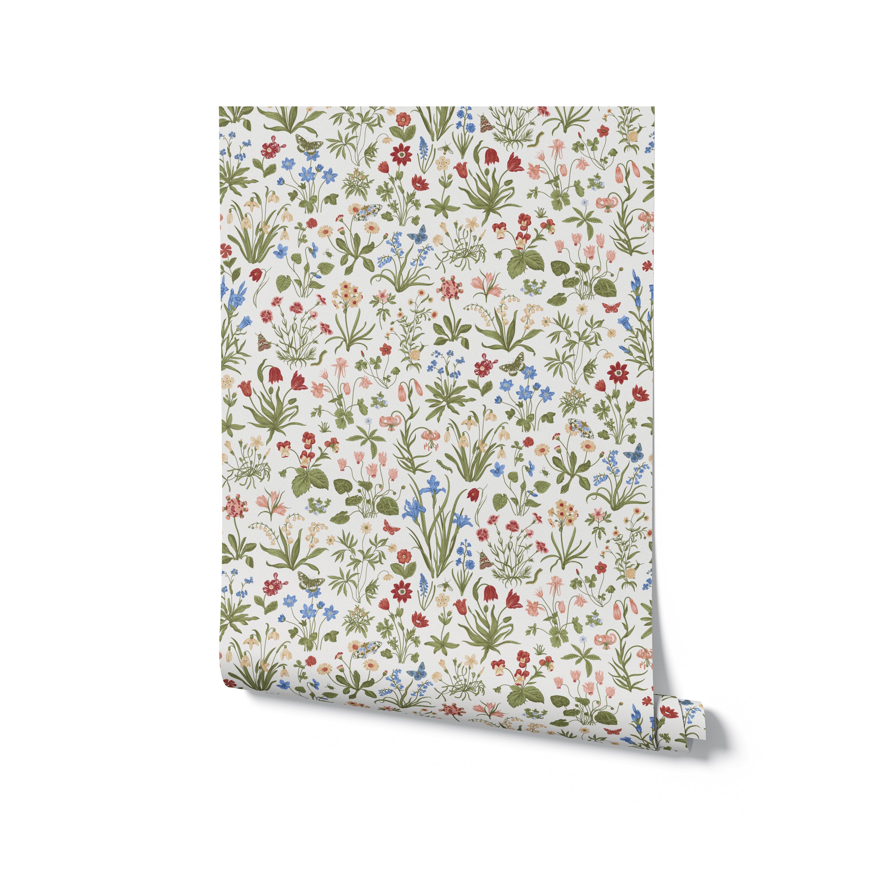 Rolled-up 'Garden Fantasy Wallpaper' depicting a detailed and colorful floral pattern with a variety of wildflowers. The design features a rich array of colors on a soft background, perfect for enhancing home interiors with a touch of nature's charm.