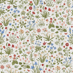 Close-up of the 'Garden Fantasy Wallpaper' showing detailed illustrations of various wildflowers in multiple colors including red, blue, yellow, and green on a neutral background, ideal for adding a lively and fresh look to any space.