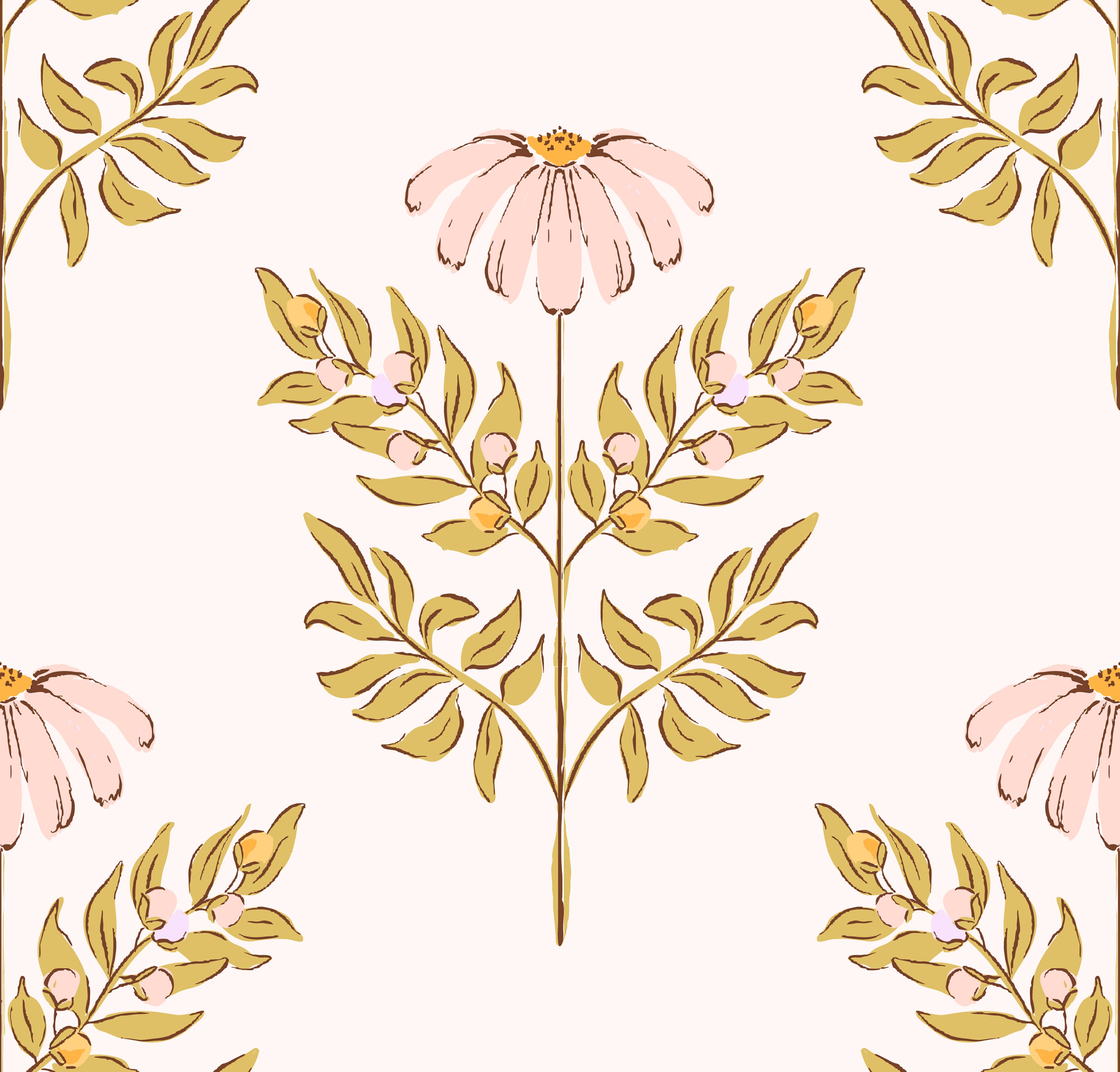 Close-up view of the Ditsy Daisy Wallpaper, showcasing an elegant pattern of small pink daisies and lush golden foliage, set against a light backdrop. This design adds a touch of refined beauty to any space