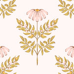 Close-up view of the Ditsy Daisy Wallpaper - Small, showcasing intricate small pink daisies surrounded by delicate golden leaves on a light base. This wallpaper offers a subtle yet charming floral motif that brightens any room.