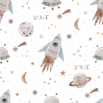 Close-up view of the Space Craze Wallpaper, showcasing a delightful array of space-themed illustrations including rockets, planets, moons, and stars, all rendered in soft, muted tones on a white background, perfect for inspiring young minds.