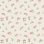 Close-up view of the Flora Wallpaper, showcasing a delicate pattern of small pink flowers and green leaves distributed evenly across a soft cream backdrop. This wallpaper design exudes charm and adds a fresh, botanical vibe to any room.