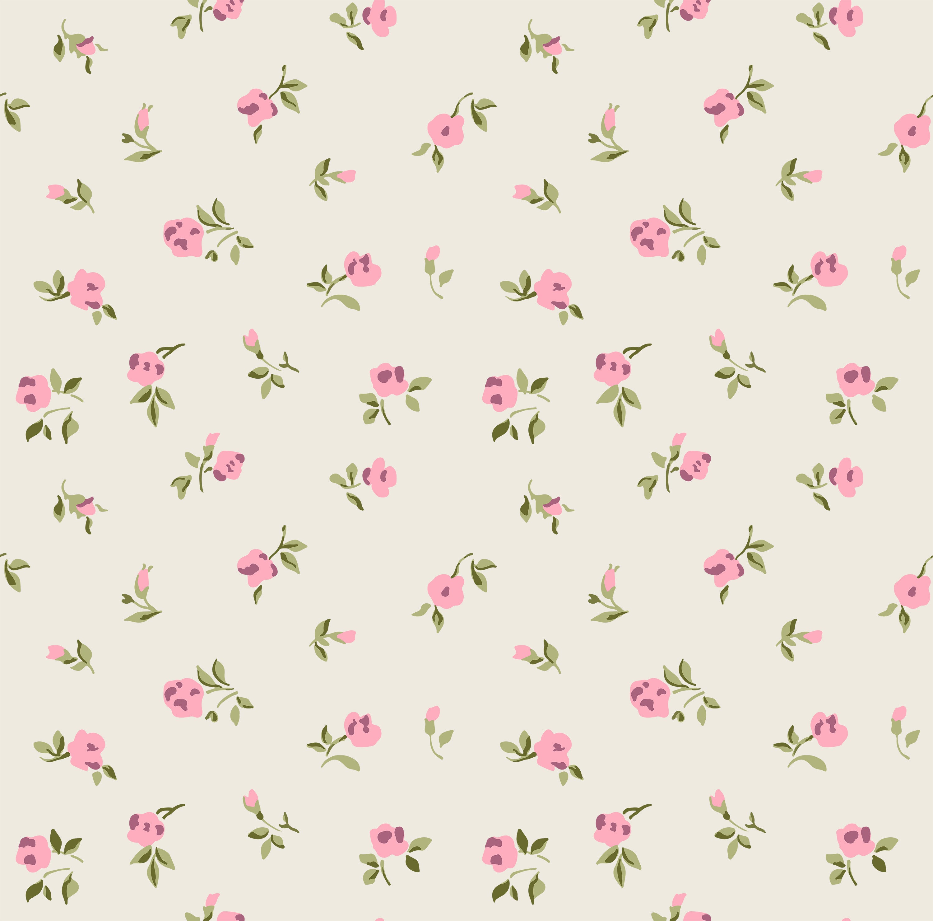 Close-up view of the Flora Wallpaper, showcasing a delicate pattern of small pink flowers and green leaves distributed evenly across a soft cream backdrop. This wallpaper design exudes charm and adds a fresh, botanical vibe to any room.