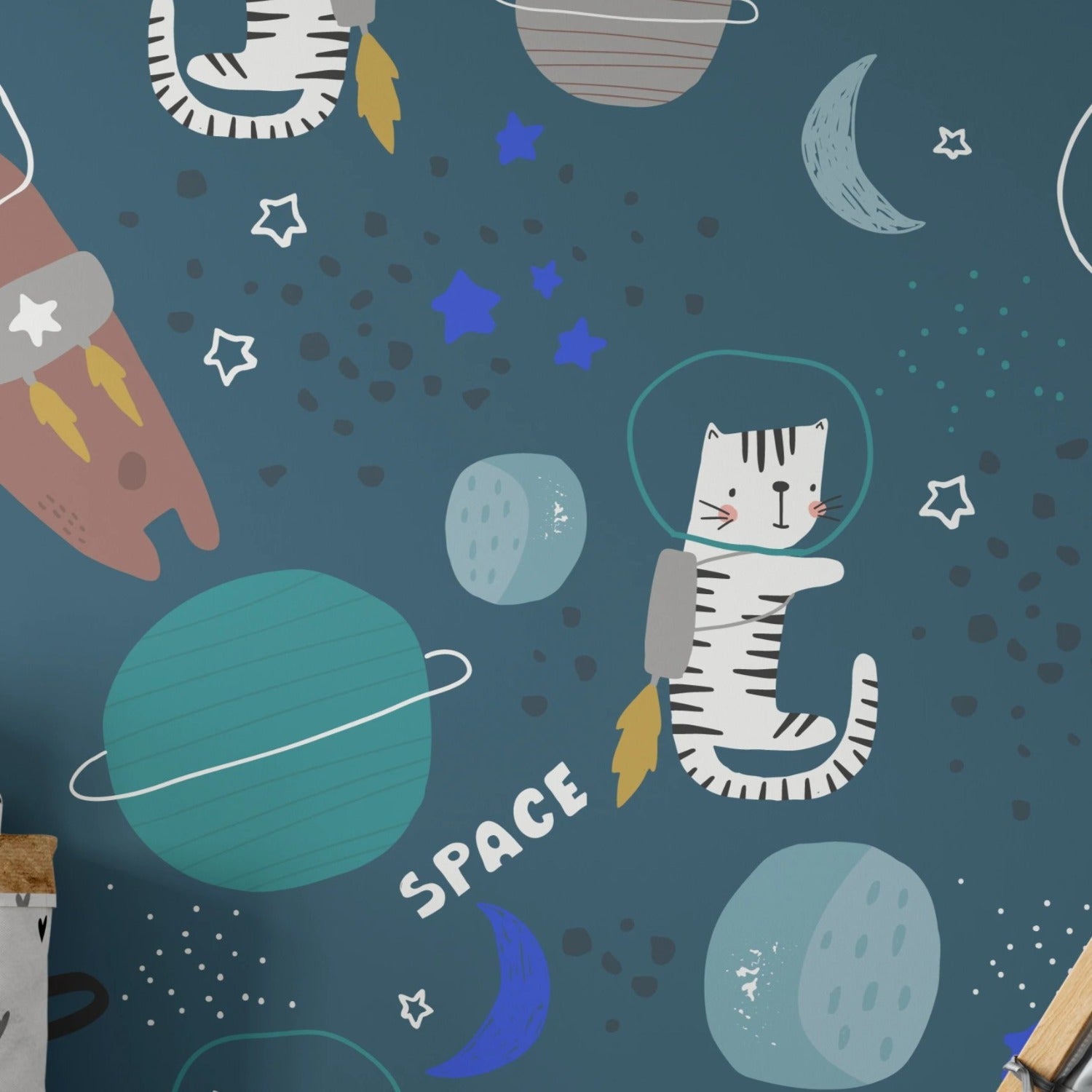 A playful illustration of a white tiger wearing a space helmet and a jetpack with yellow flames, surrounded by stars, planets, and moons, set against a dark blue background. The scene is filled with colorful space elements.