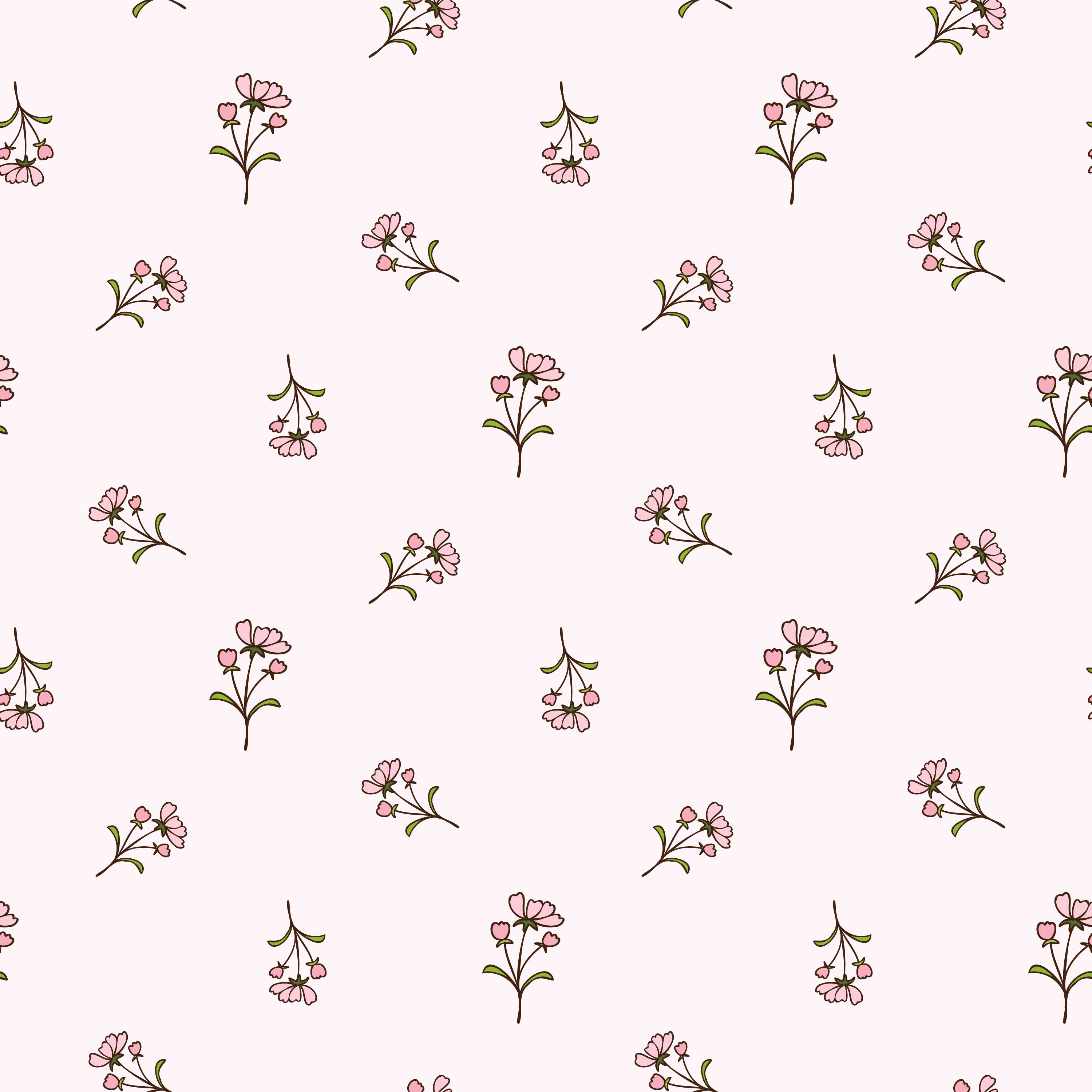 Close-up view of the Daphne Floral Wallpaper displaying a charming pattern of tiny pink flowers and green leaves on a pale background, offering a fresh and cheerful look suitable for light and airy interior designs.