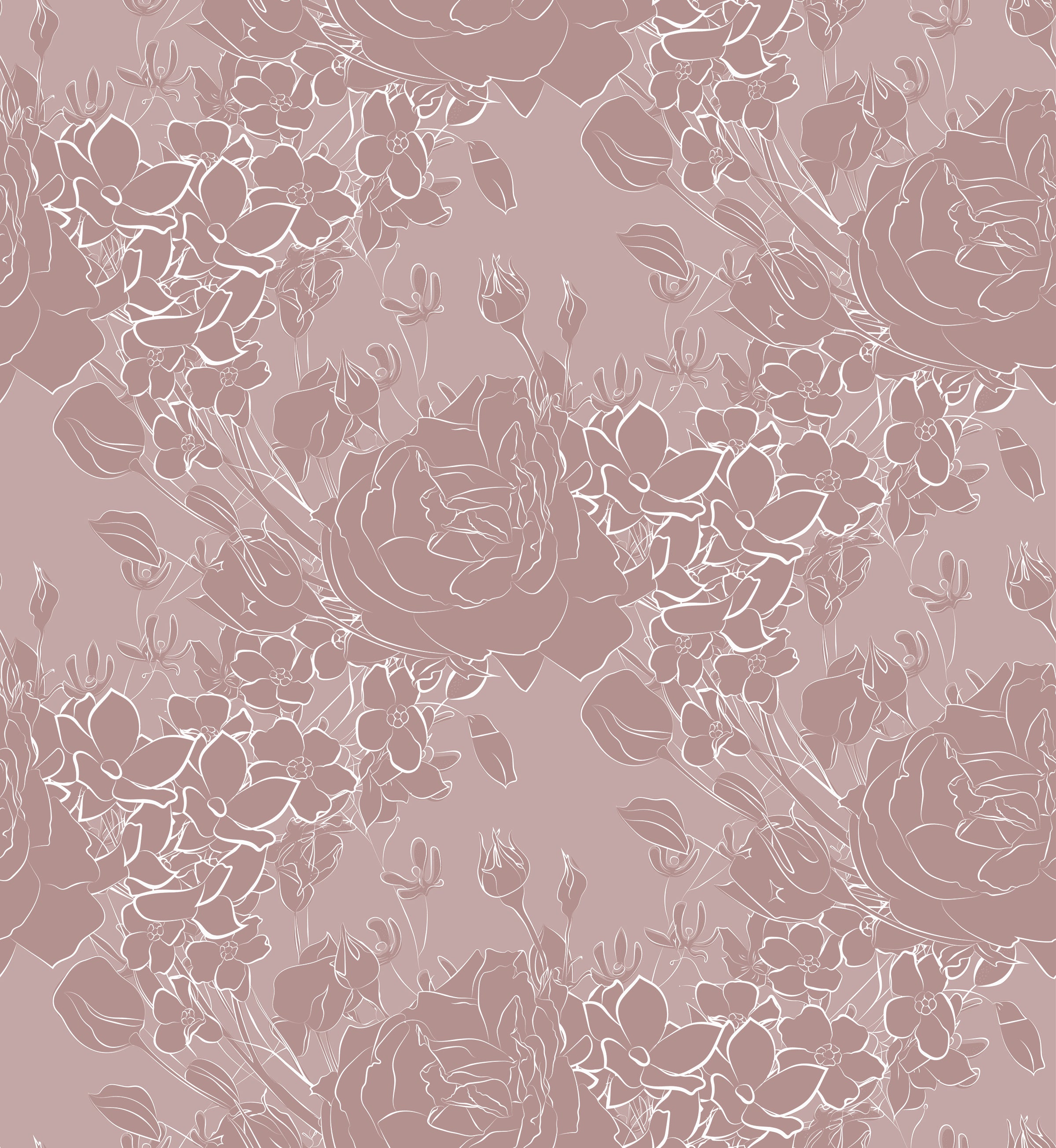 A close-up view of the Dusty Rose Floral Wallpaper, featuring elegant line drawings of roses and other flowers in white on a soft pink background, creating a delicate and romantic aesthetic.