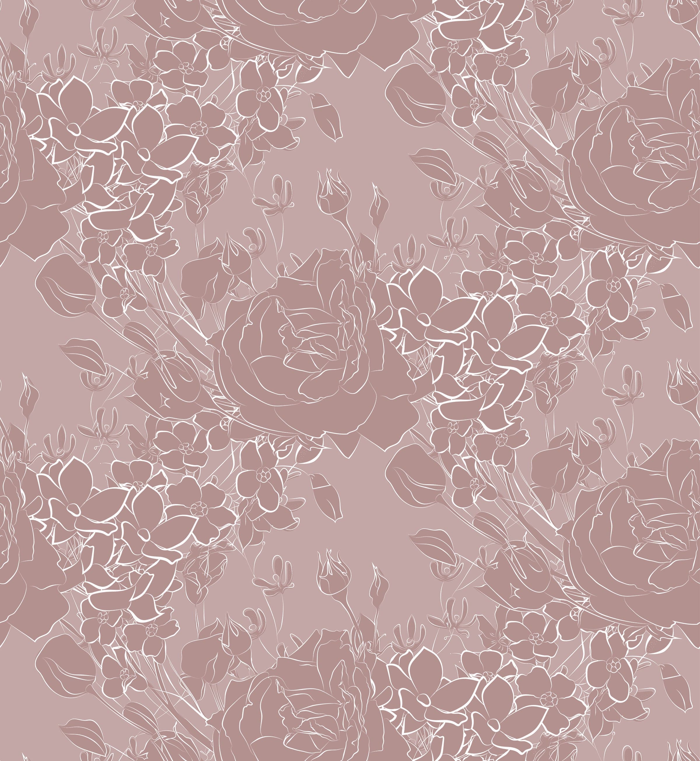 A close-up view of the Dusty Rose Floral Wallpaper, featuring elegant line drawings of roses and other flowers in white on a soft pink background, creating a delicate and romantic aesthetic.