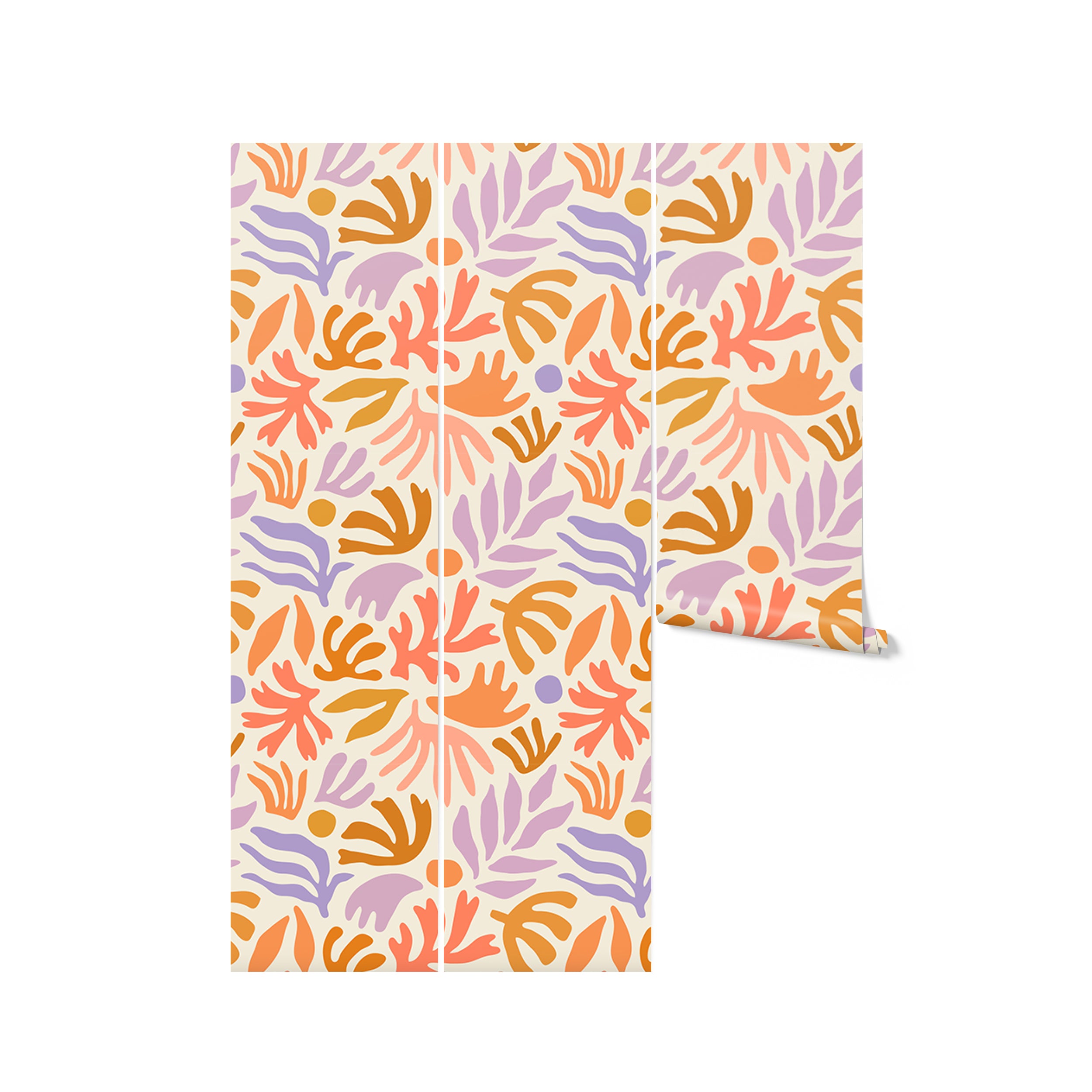 Three folded wallpaper panels on a white background, displaying a playful pattern with stylized flora in a color palette of cream, purple, orange, and yellow