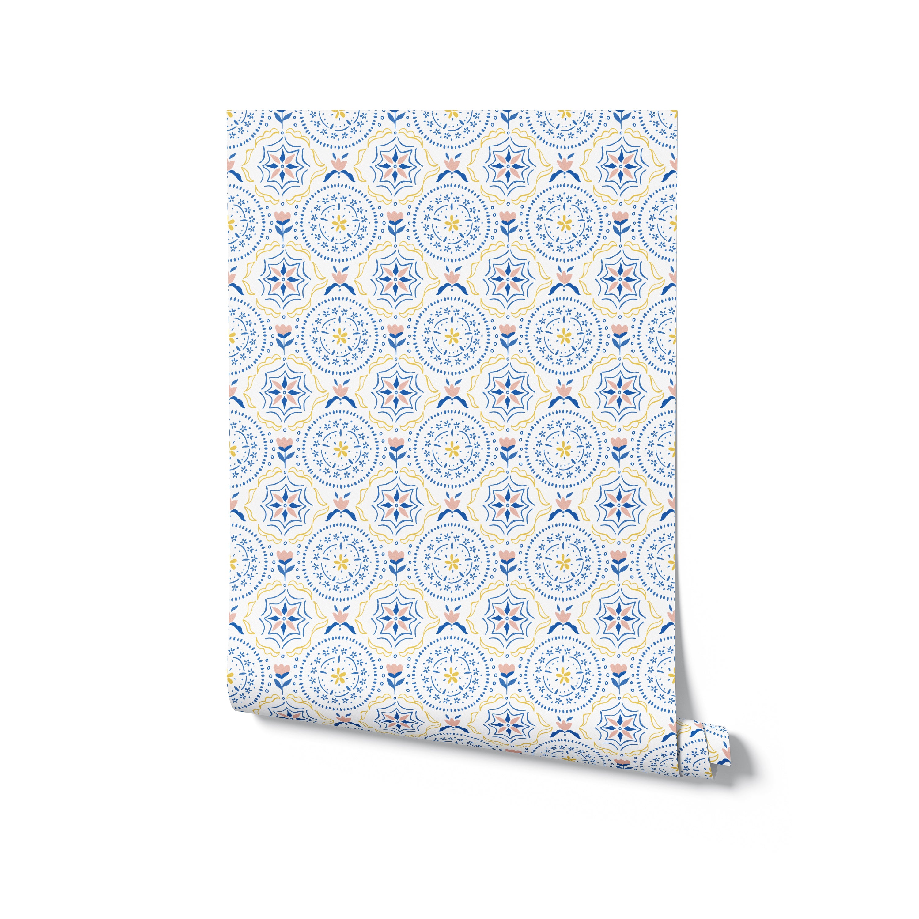 Rolled wallpaper with a detailed hand-drawn pattern of blue and yellow stars within intricate floral motifs on a white background.