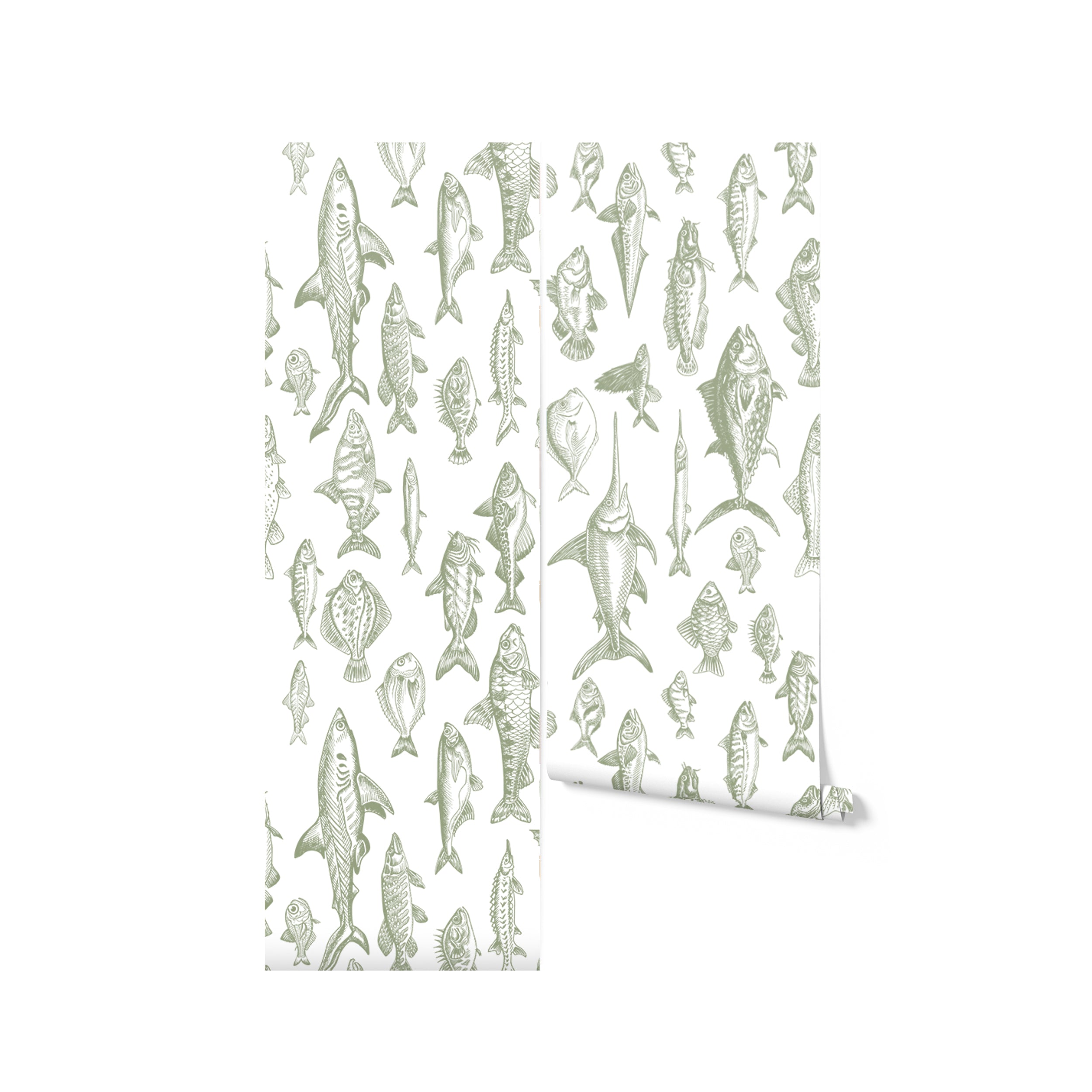 A wallpaper sample with a moss green tint, showcasing an array of fish illustrations offering a naturalistic touch to interior décor.