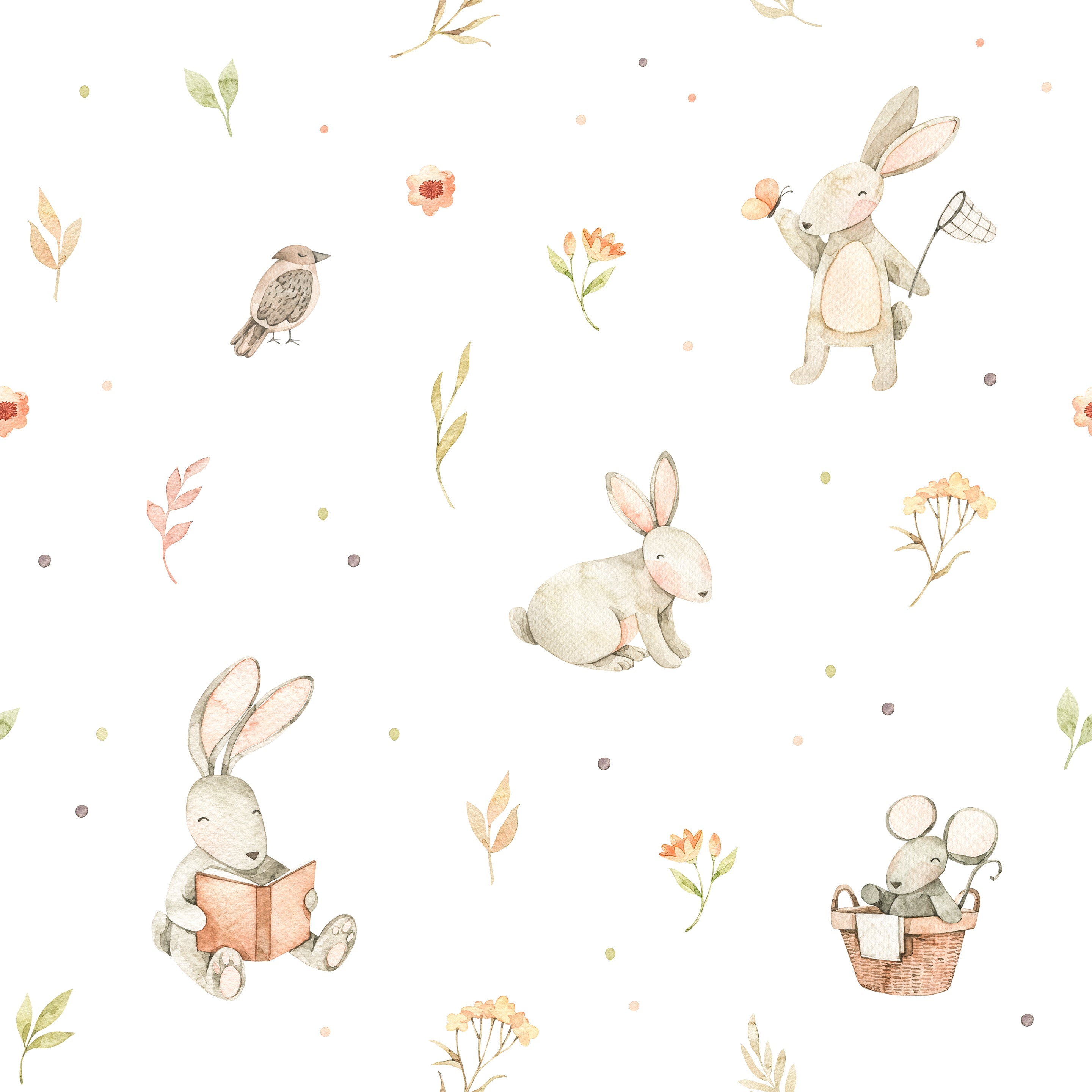 A close-up view of the Watercolour Bunnies Wallpaper, featuring charming illustrations of bunnies in various playful activities like reading and holding a butterfly net, interspersed with delicate flowers and leaves in a soft watercolor style on a white background.