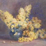 Close-up of Yellow Blossom and Rosemary (1897) by Margaret Stoddart - Detailed view of a vintage art print from Timberlea Interiors. This close-up highlights the intricate details of the yellow flowers and the textured background, showcasing the artist's skill in creating depth and realism.