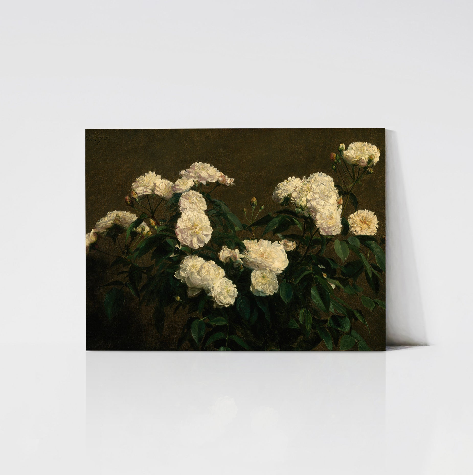 Still Life of White Roses (1870) by Henri Fantin-Latour - Vintage Art Print displayed on a woodboard mockup. This classic artwork features delicate white roses against a dark background, showcasing the artist's meticulous attention to detail and mastery of light and shadow.