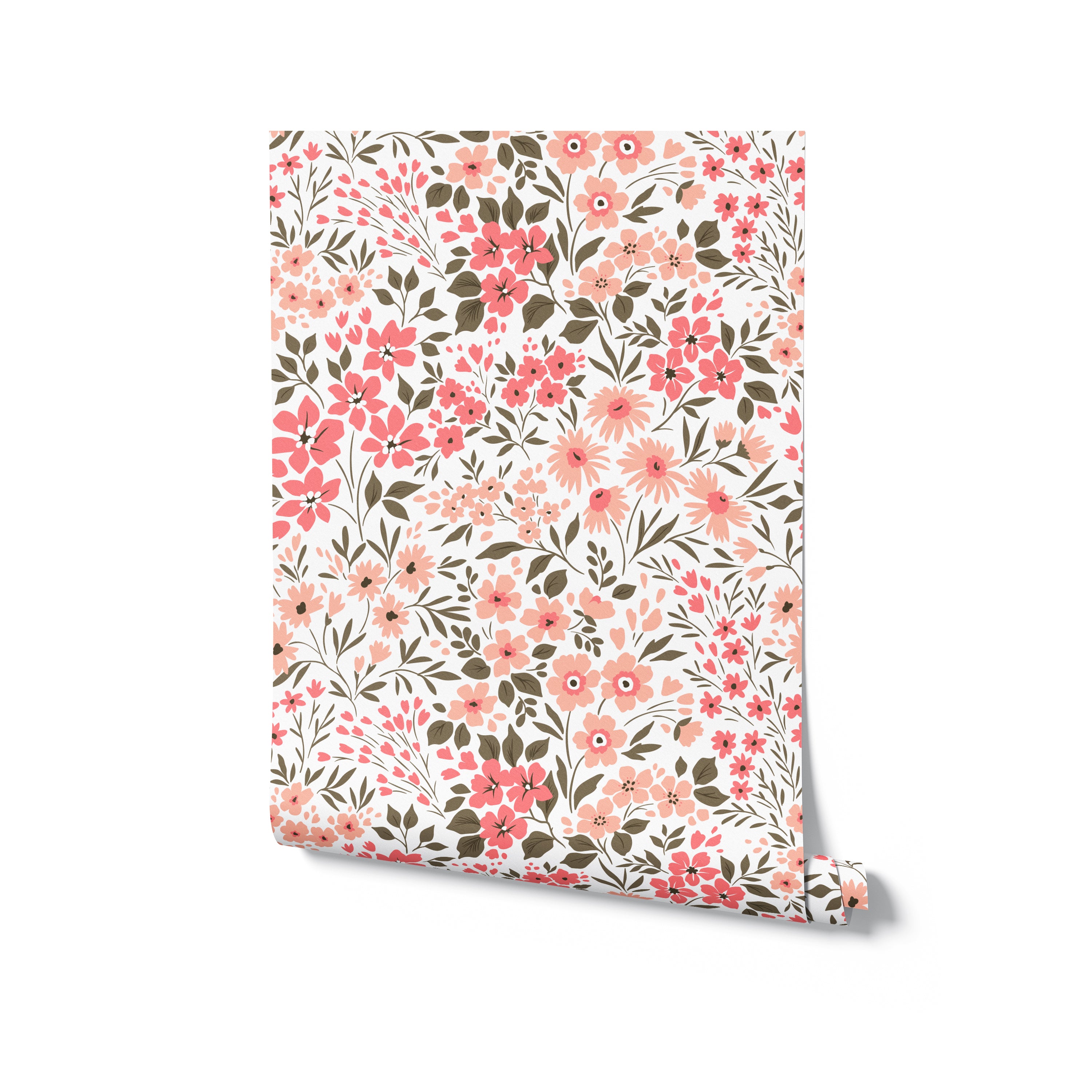 A rolled-up Floral Frenzy Wallpaper, standing against a plain background. The visible part of the wallpaper shows a charming and colorful pattern of pink and peach flowers intertwined with green foliage.
