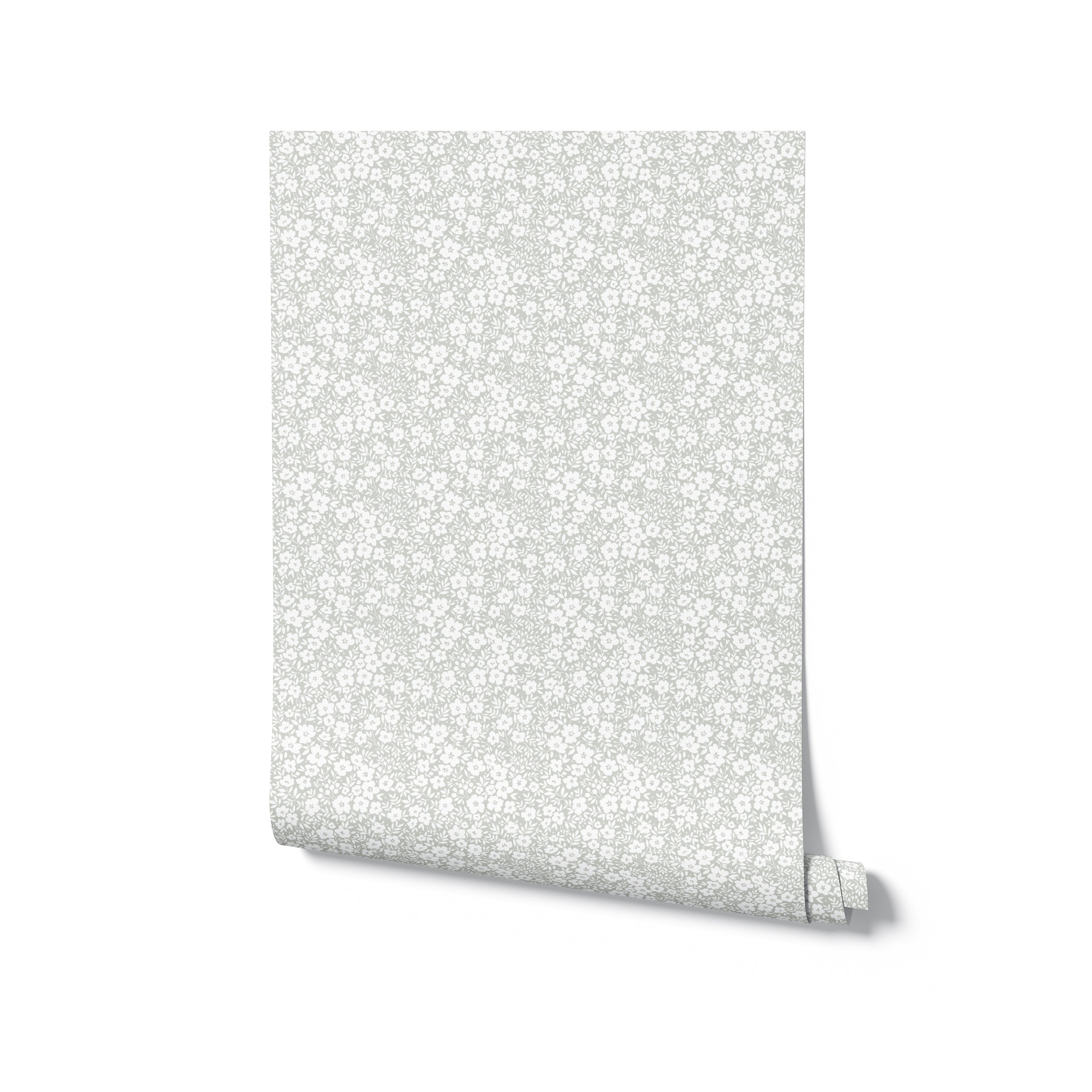 A wallpaper roll of 'Flower Power' design, showcasing a olive backdrop with a fine white flower print, standing vertically with the edge unrolling.