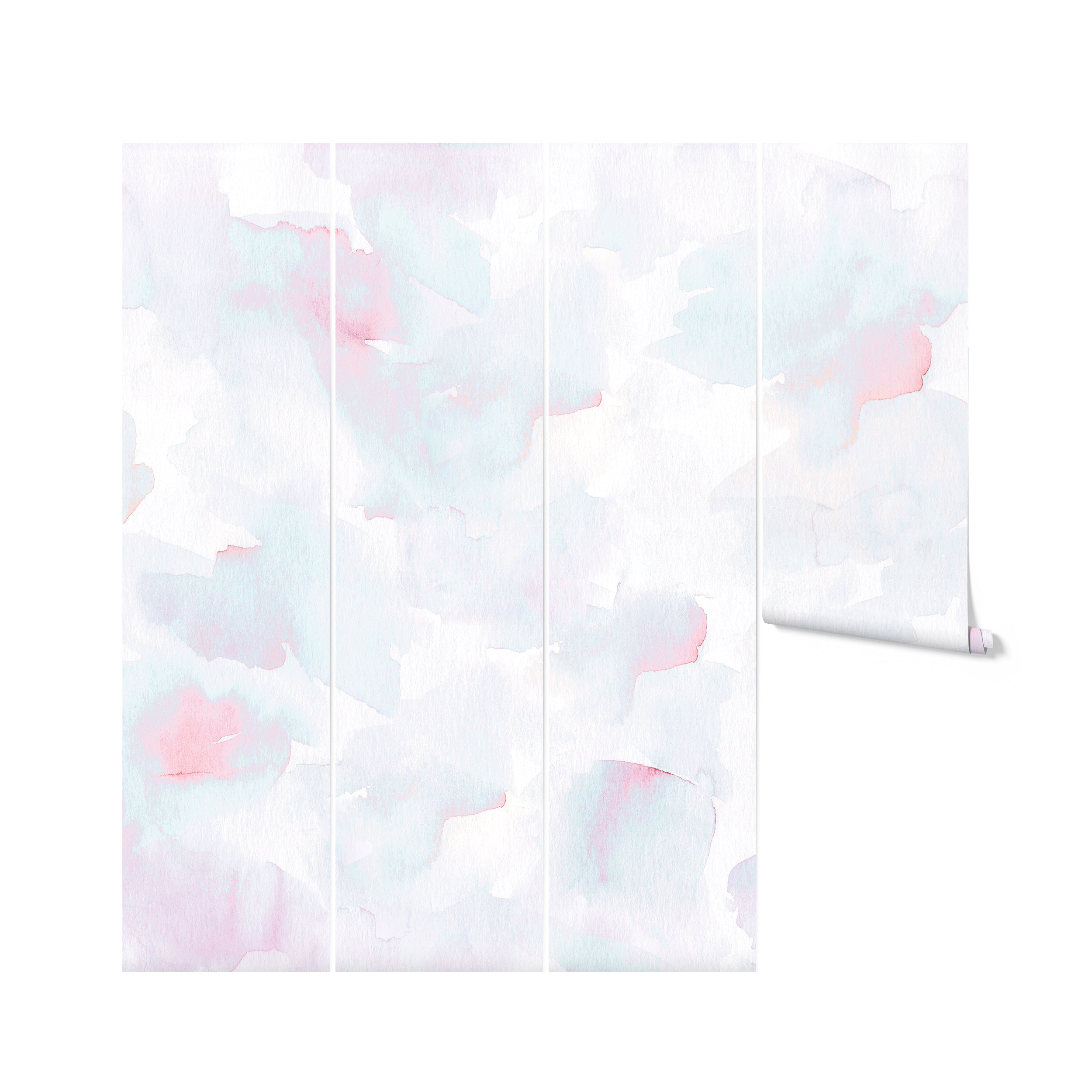 Three panels of the Hand Painted Mural - Cotton Candy wallpaper, showcasing a flowing blend of watercolor washes in delicate pink and blue tones on a white background. This mural adds a soft, artistic touch to any room, perfect for creating a tranquil and inviting atmosphere.