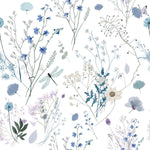 A vibrant and delicate floral wallpaper featuring watercolor-style botanical illustrations. The design includes a variety of wildflowers and foliage in shades of blue, purple, and green, with subtle accents of beige. Dragonflies and butterflies add a touch of whimsy to the serene floral scene.
