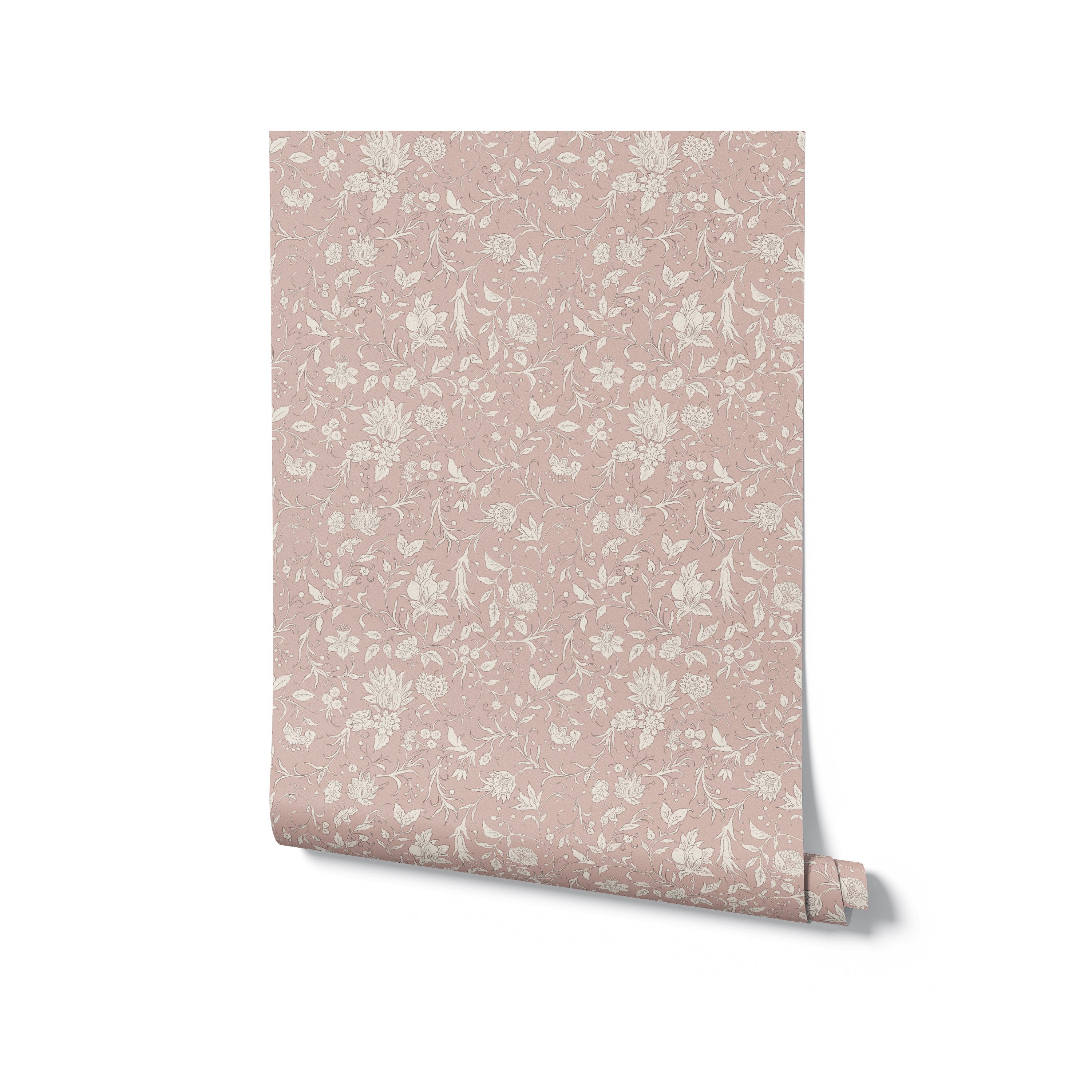 A single roll of Noble Florals Wallpaper displayed against a white background, highlighting the intricate floral pattern in cream on a muted mauve base. The elegant design is perfect for adding a touch of vintage charm to any space.