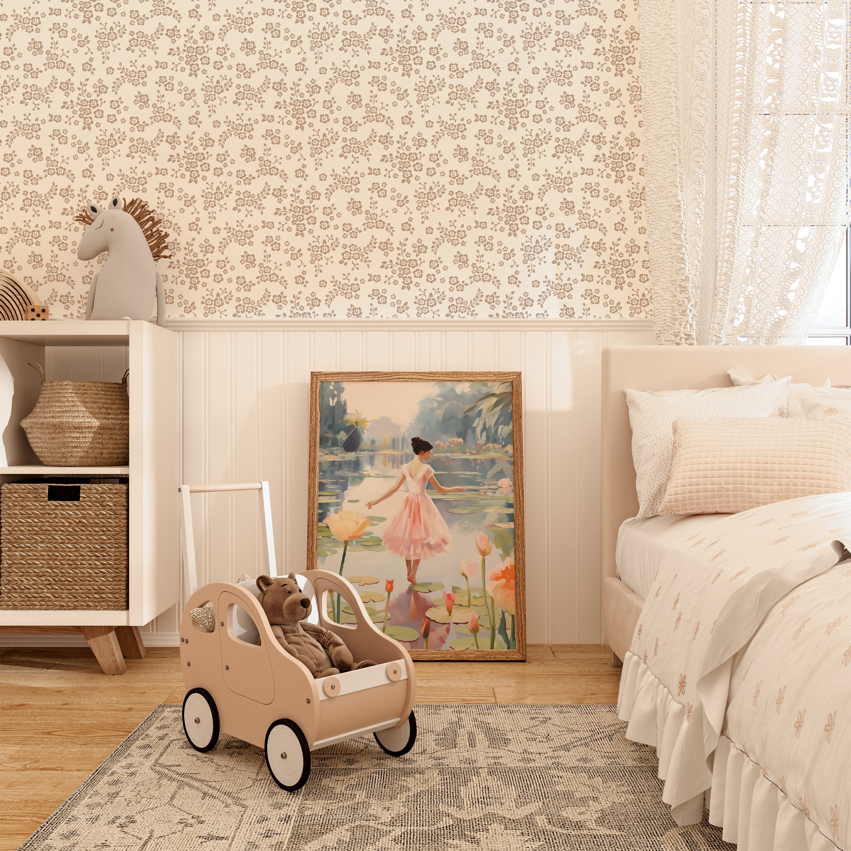 The room features a classic floral wallpaper in soft beige tones, a cozy bed, a wicker basket, a unicorn plush, and a framed painting of a girl by a pond, creating a warm and inviting atmosphere.