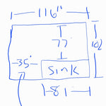 Hand-drawn layout of a bathroom with measurements in inches.