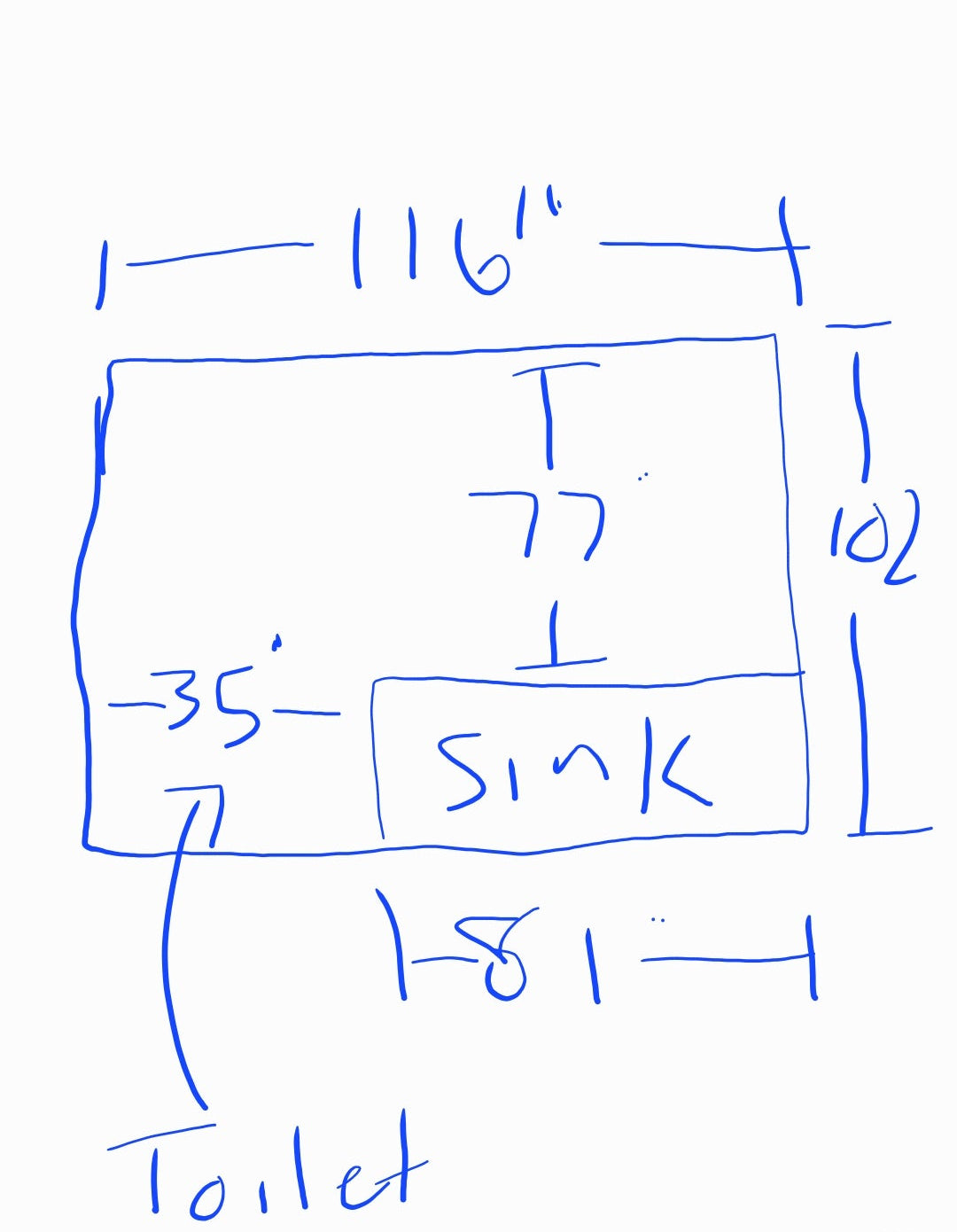 Hand-drawn layout of a bathroom with measurements in inches.