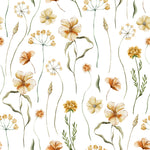 Close-up view of the Warm Glow Floral Wallpaper, displaying a detailed and artistic arrangement of watercolor flowers in shades of orange, yellow, and green. The wallpaper's design brings a touch of nature's beauty and warmth to any interior.