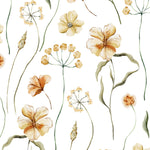 Close-up view of the Warm Glow Floral Wallpaper, displaying a detailed and artistic arrangement of watercolor flowers in shades of orange, yellow, and green. The wallpaper's design brings a touch of nature's beauty and warmth to any interior.