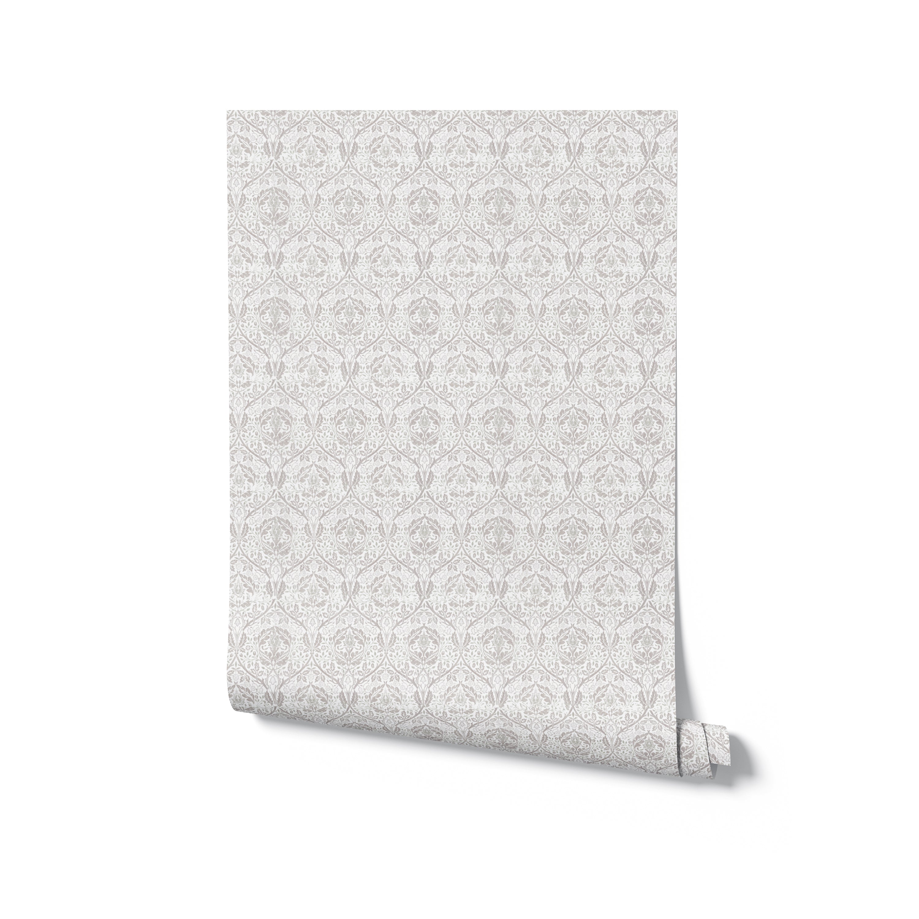 A roll of elegant gray and beige floral wallpaper with a detailed and symmetrical pattern. The design is classic, featuring fine lines and floral motifs that are ideal for adding a vintage or sophisticated touch to any room.