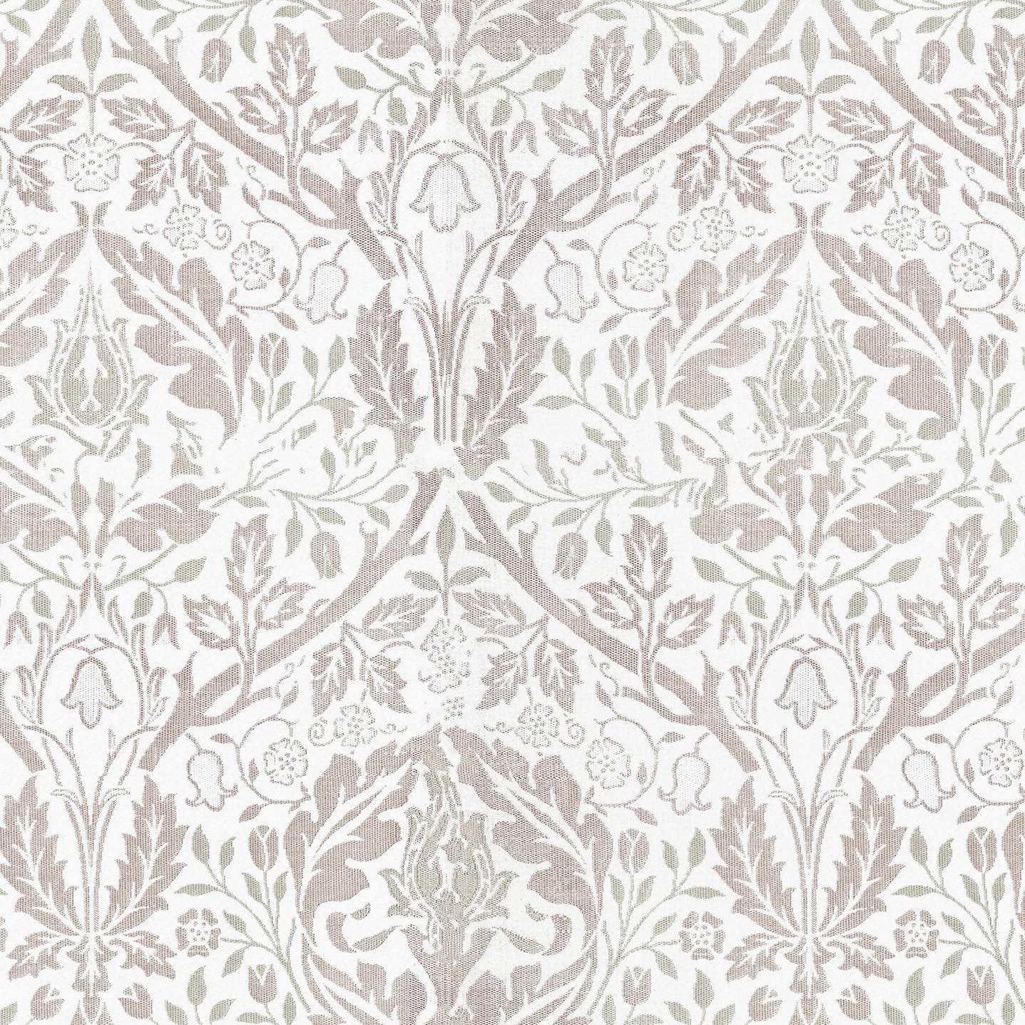 Close-up of an elegant floral wallpaper pattern in soft gray and beige tones. The design features intricate flowers and foliage, styled in a traditional manner, giving a timeless and sophisticated look suitable for various interior spaces.