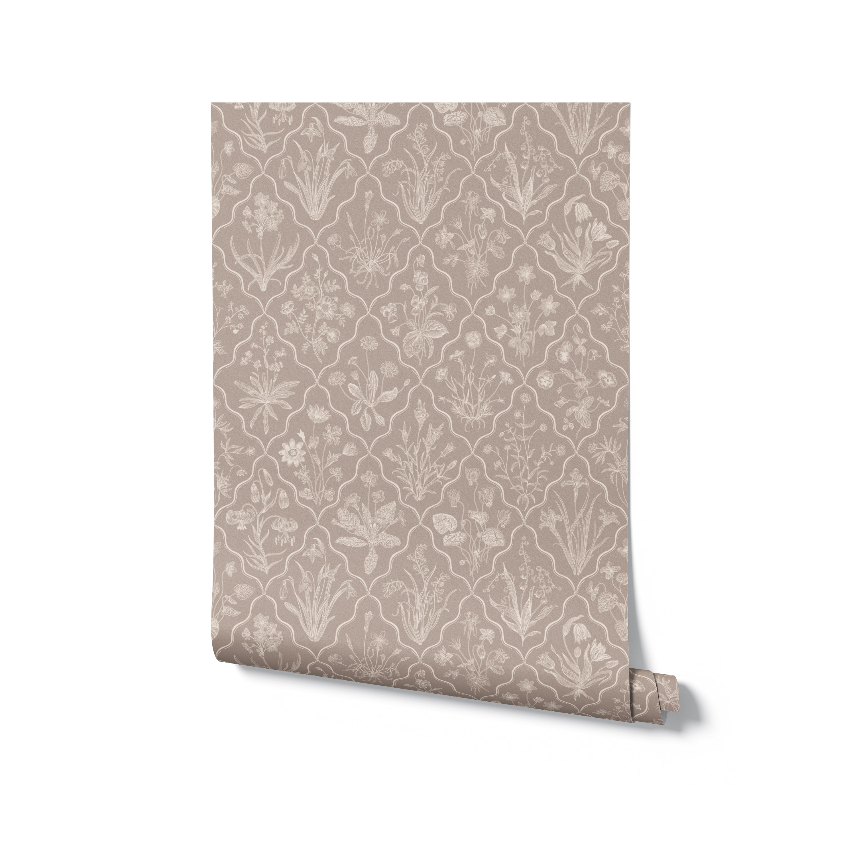 Mille-Fleurs Wallpaper II in a soft beige shade displayed in a rolled-out panel, highlighting its delicate floral design.