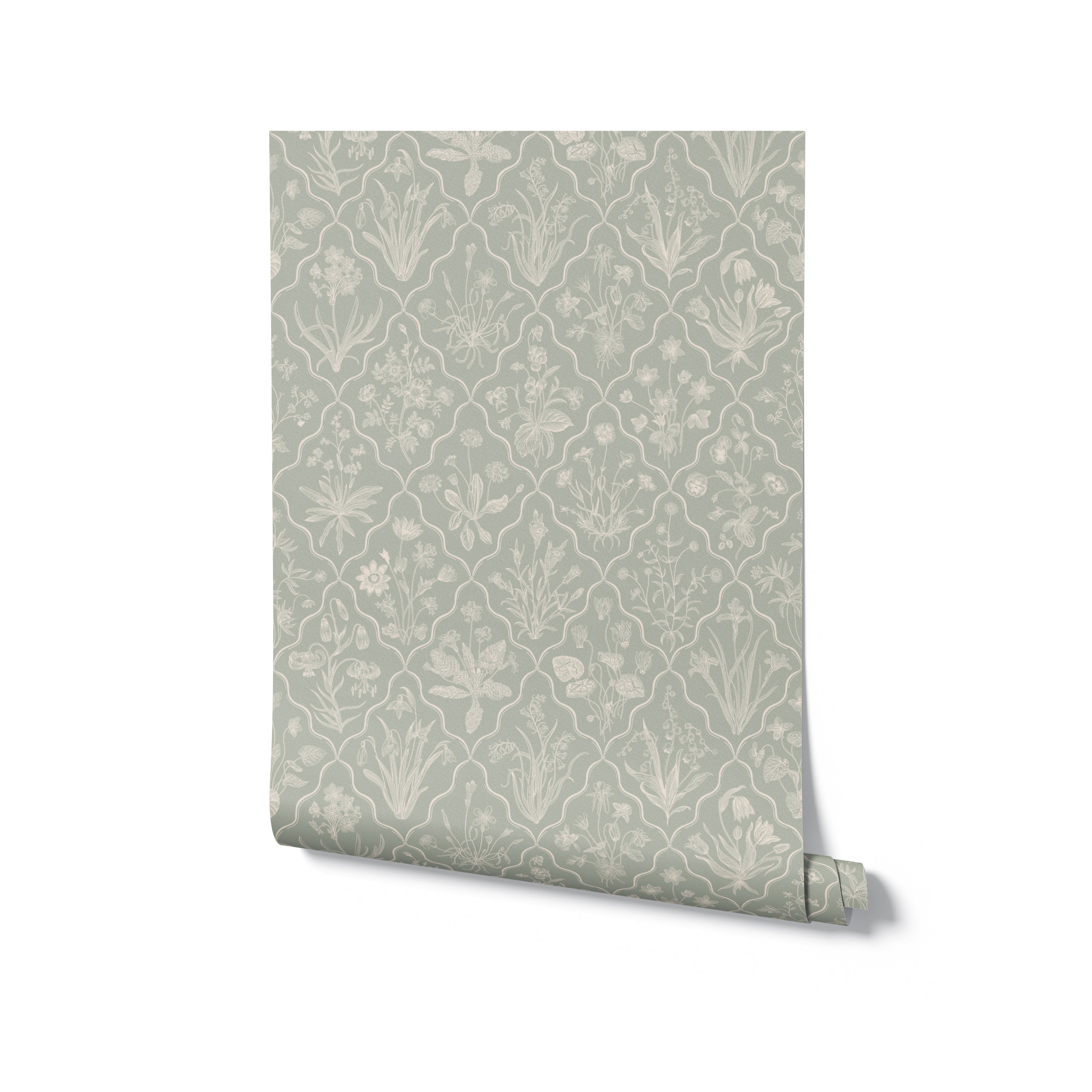 Mille-Fleurs Wallpaper II in a muted olive shade, displayed in a rolled-out panel, showcasing the detailed floral and foliage patterns