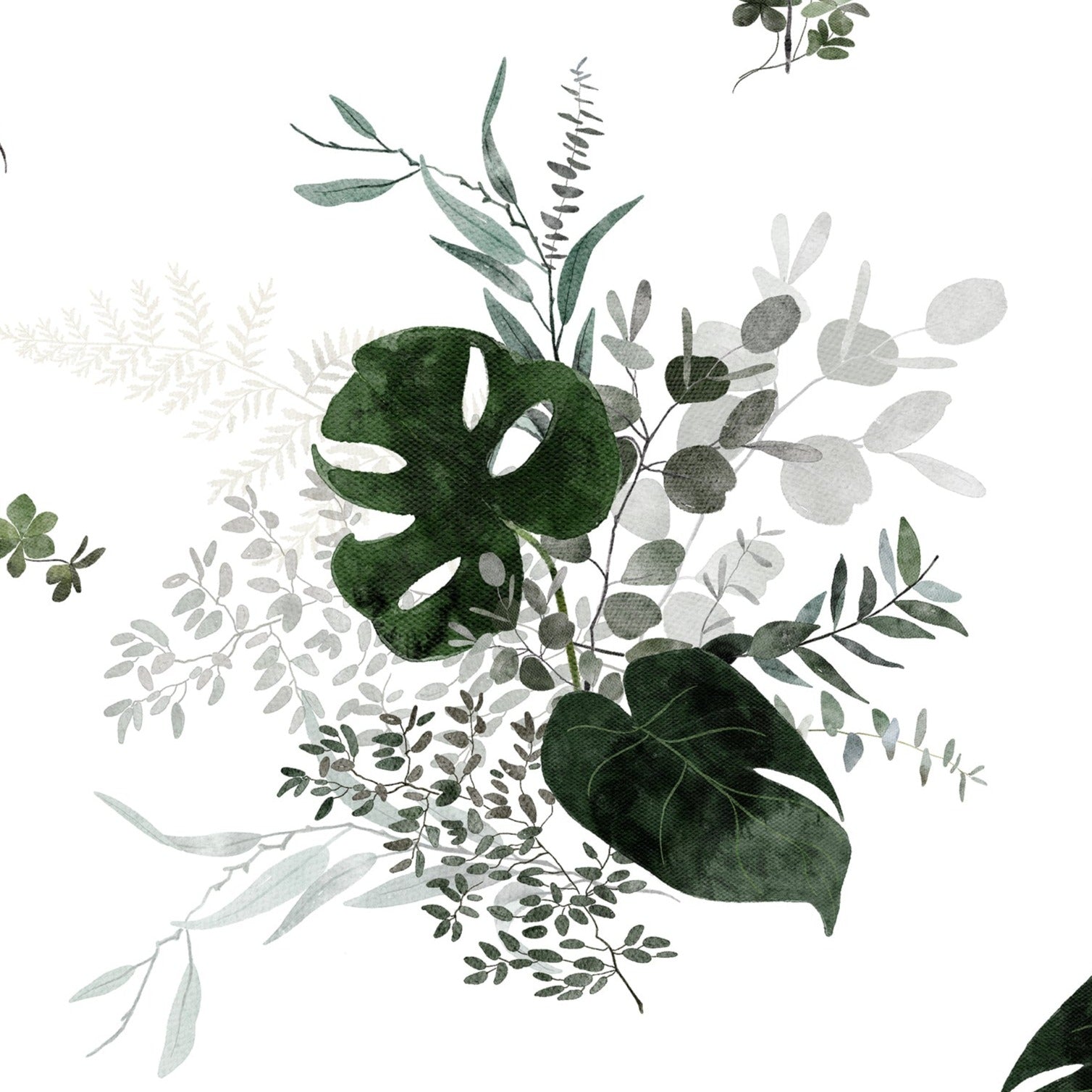 Close-up of the Tropical Greenery Wallpaper, displaying a detailed and artistic array of green botanical elements such as monstera leaves, sprigs, and other foliage in various shades of green, which creates a peaceful and refreshing atmosphere.