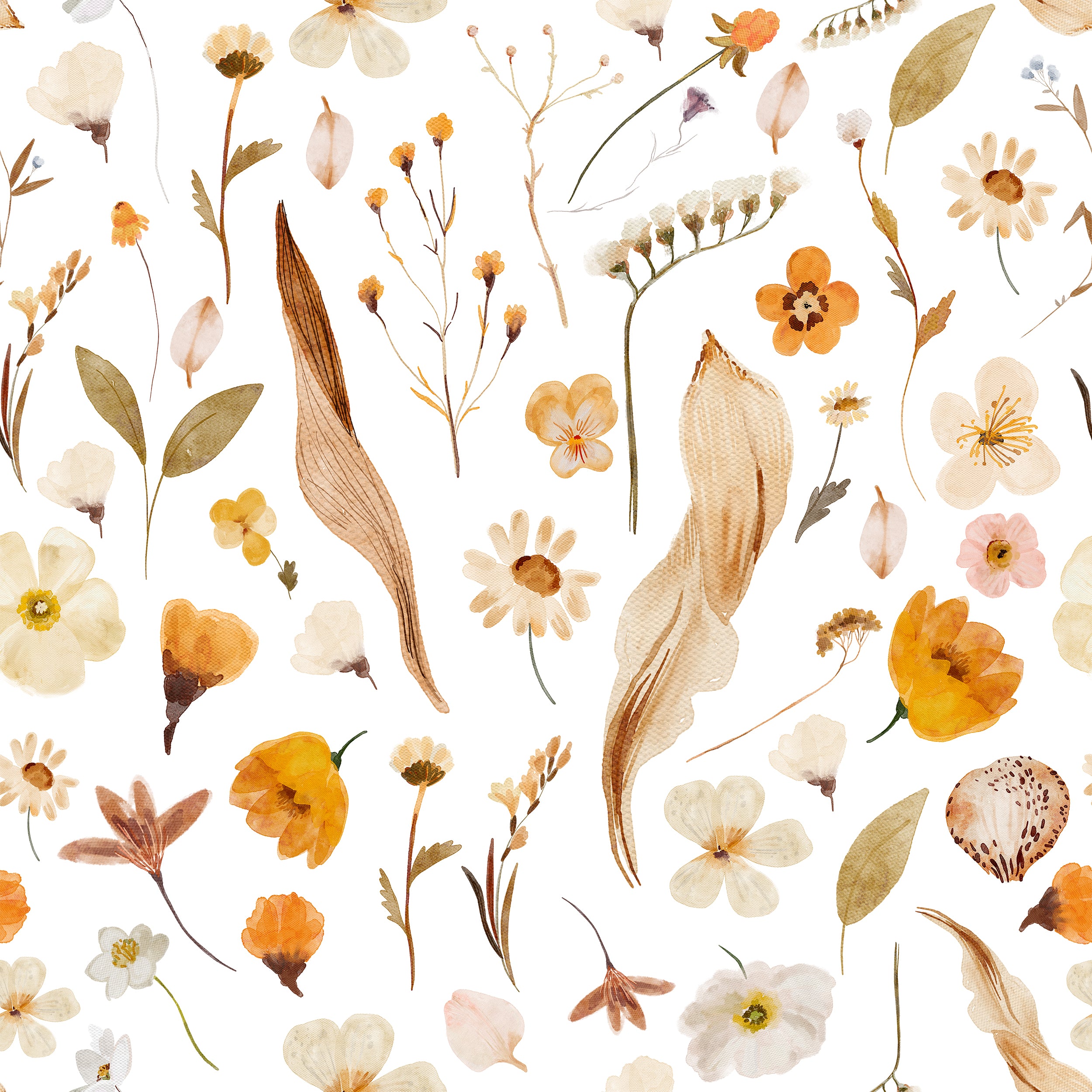 Close-up view of the Boho Dreams Wallpaper displaying a detailed and colorful botanical print. The design includes various types of flowers, leaves, and plant elements in soft watercolor shades, providing a tranquil and artistic backdrop.