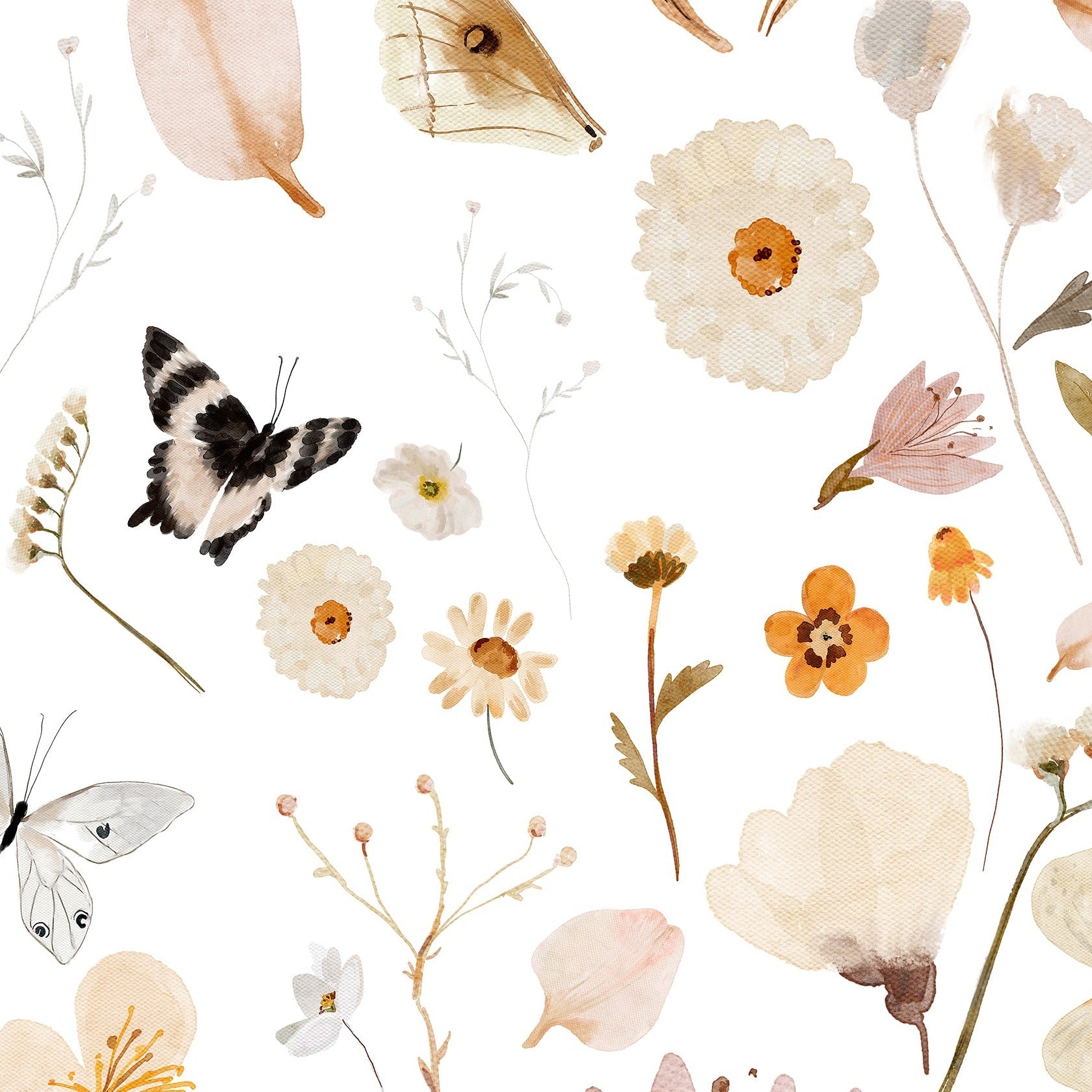 A square image showcasing the detailed design of the Boho Garden Wallpaper. A variety of botanical elements including flowers, butterflies, and foliage are artfully arranged in a bohemian style, with a color palette of muted pinks, yellows, and greens on a clean white background.