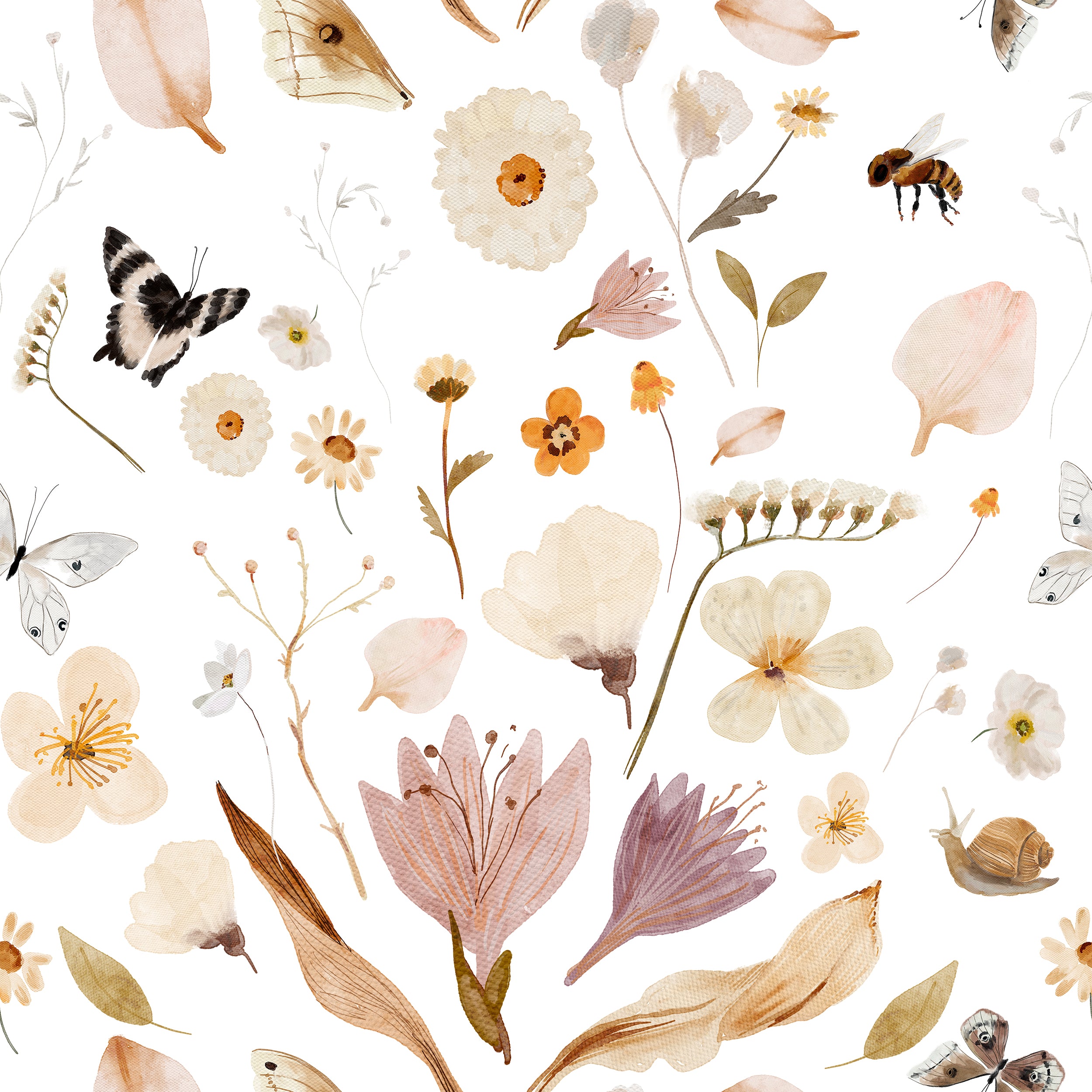 A square image showcasing the detailed design of the Boho Garden Wallpaper. A variety of botanical elements including flowers, butterflies, and foliage are artfully arranged in a bohemian style, with a color palette of muted pinks, yellows, and greens on a clean white background.