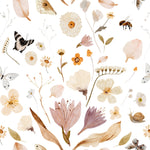 Close-up view of the Boho Garden Wallpaper - 25", featuring an intricate design of various botanical elements like flowers, leaves, and butterflies in warm pastel colors. This detailed pattern exudes a tranquil and natural charm.