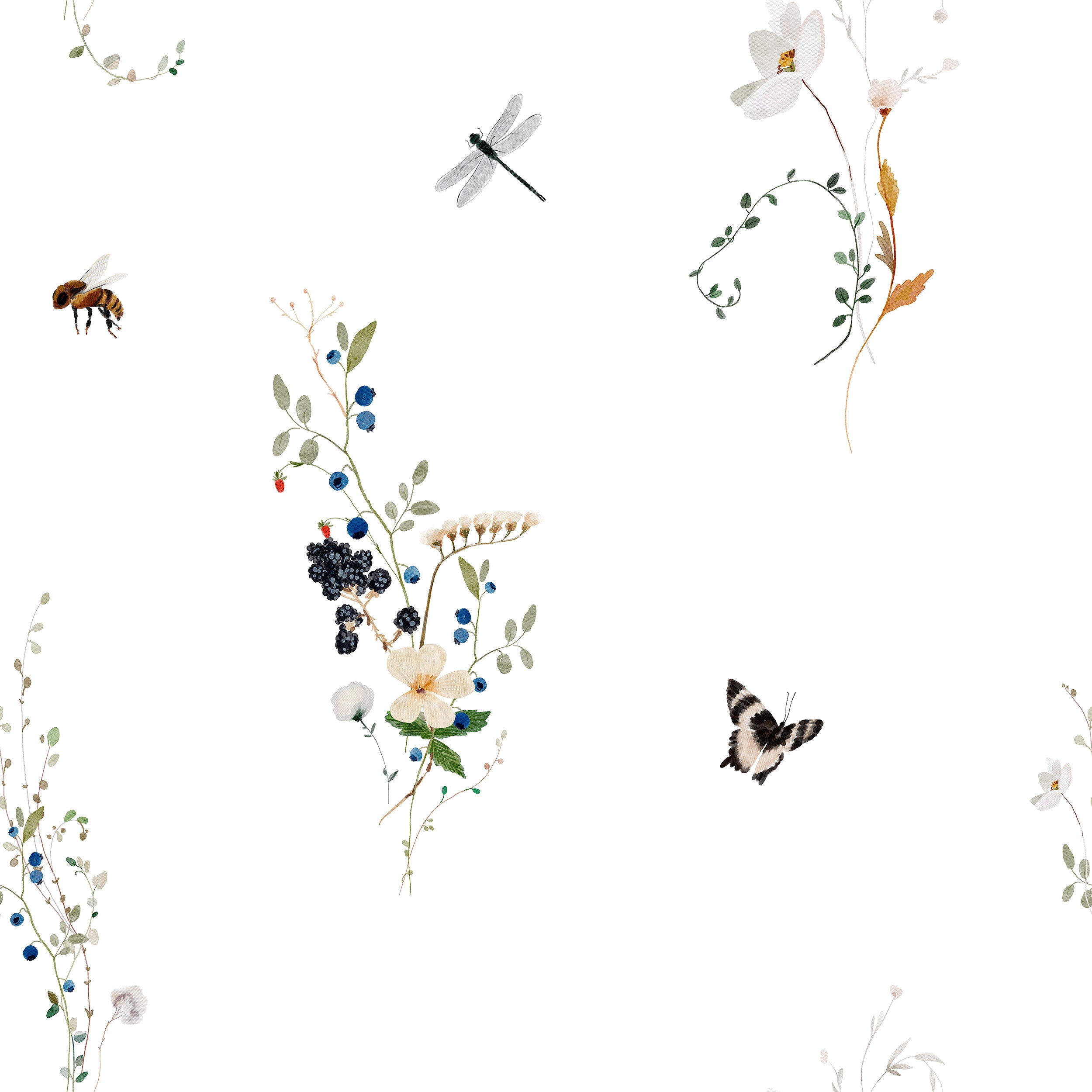 A close-up view of the "Berry Spring Wallpaper," highlighting its intricate details. The design features delicate botanical illustrations with small flowers, berries, and various insects such as butterflies and bees, set against a clean white background.